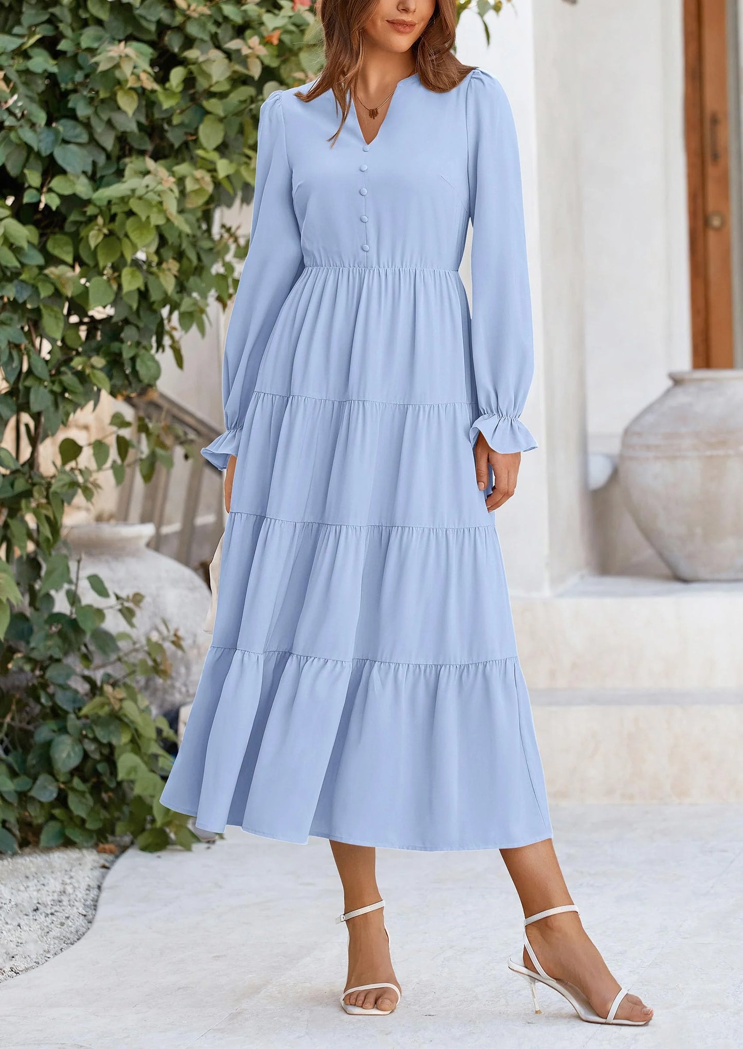 Women Fall Long Sleeve Smocked Maxi Dress Casual Square Neck Swiss Dot Tiered Ruffle Flowy Spring Pocket Dresses