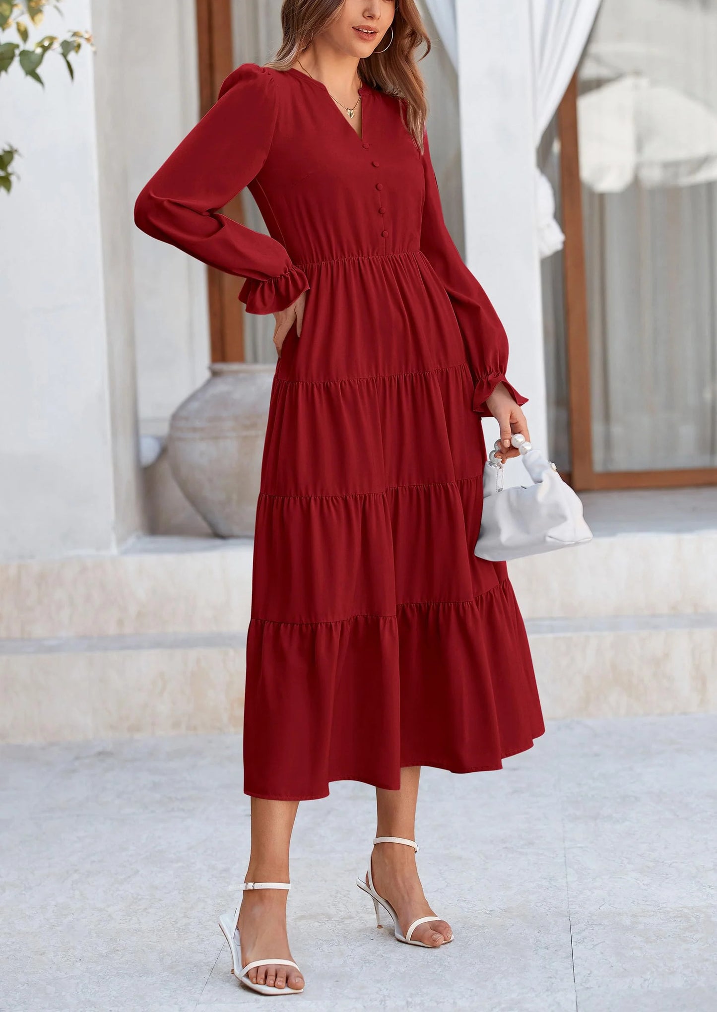 Women Fall Long Sleeve Smocked Maxi Dress Casual Square Neck Swiss Dot Tiered Ruffle Flowy Spring Pocket Dresses