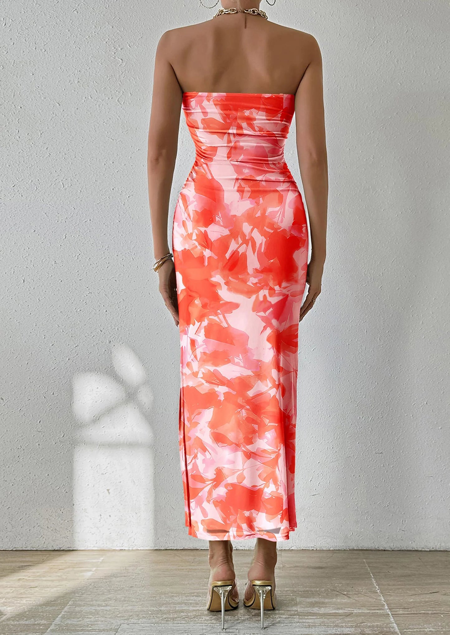 Women's Maxi Bodycon Dresses Strapless Tube Top Slit Floral Printed Party Club Long Dress
