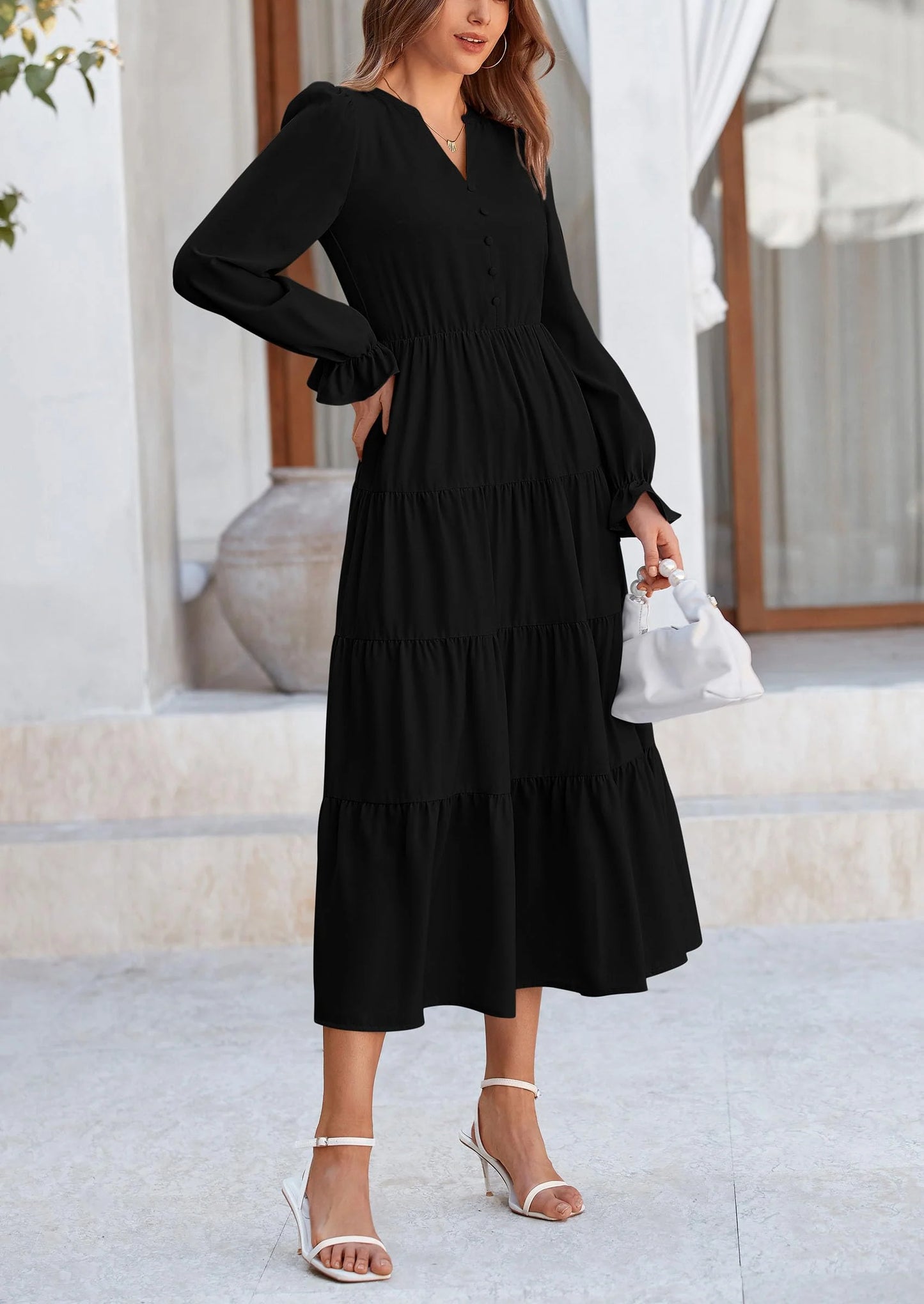 Women Fall Long Sleeve Smocked Maxi Dress Casual Square Neck Swiss Dot Tiered Ruffle Flowy Spring Pocket Dresses
