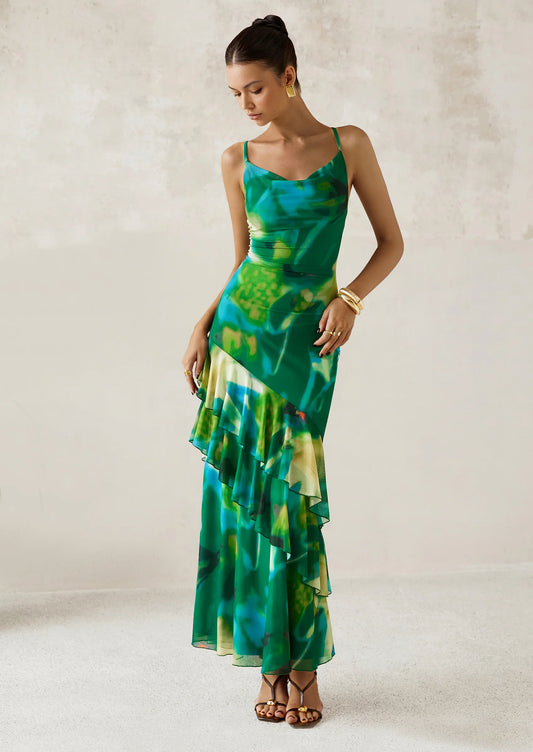 Maxi Dresses for Women Floral Beach Sundress Spaghetti Strap Tiered Wedding Guest Long Dress