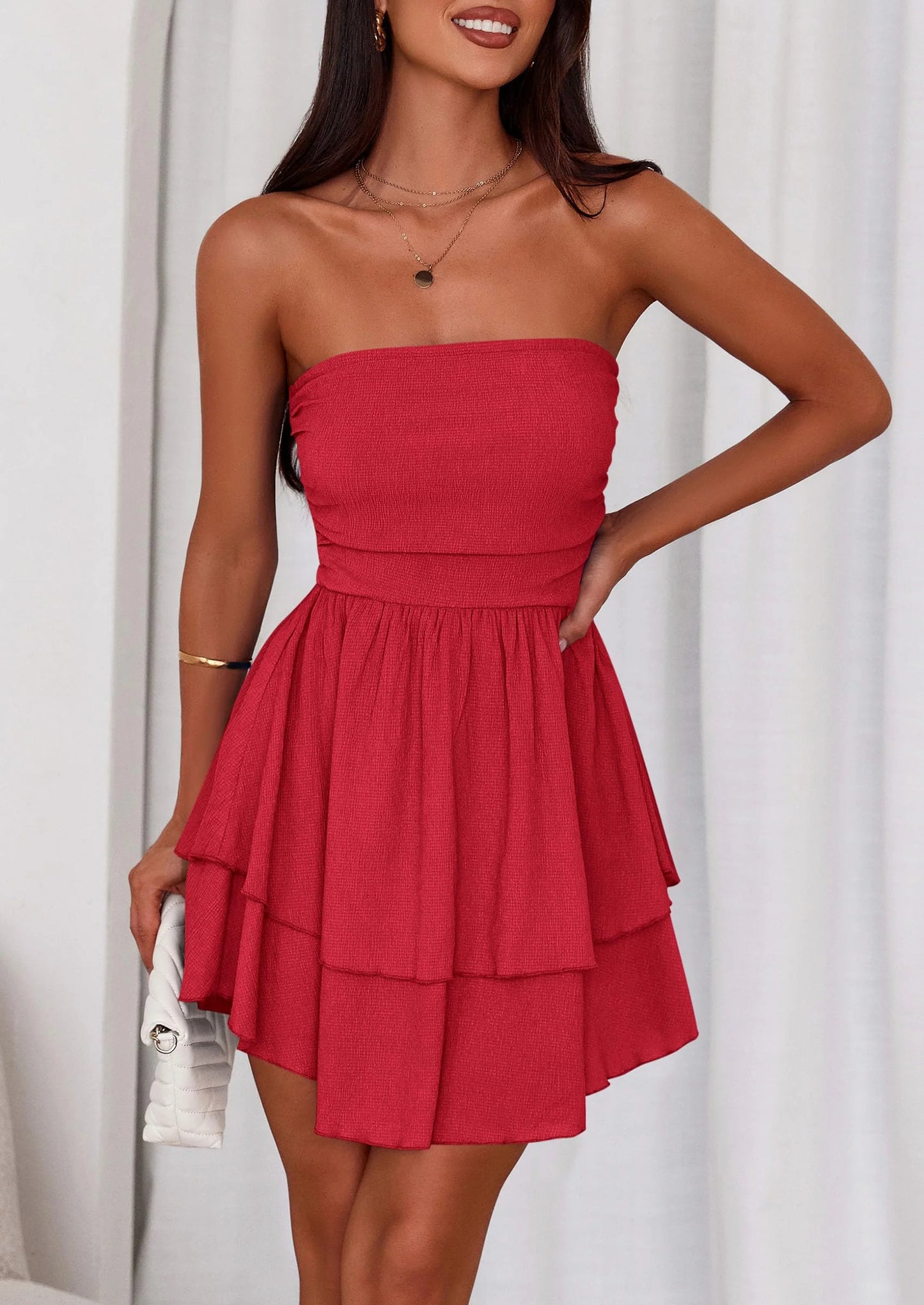 Women's Summer Strapless Tube Mini Dress Off Shoulder Smocked Ruffle A Line Flowy Short Party Club Dresses