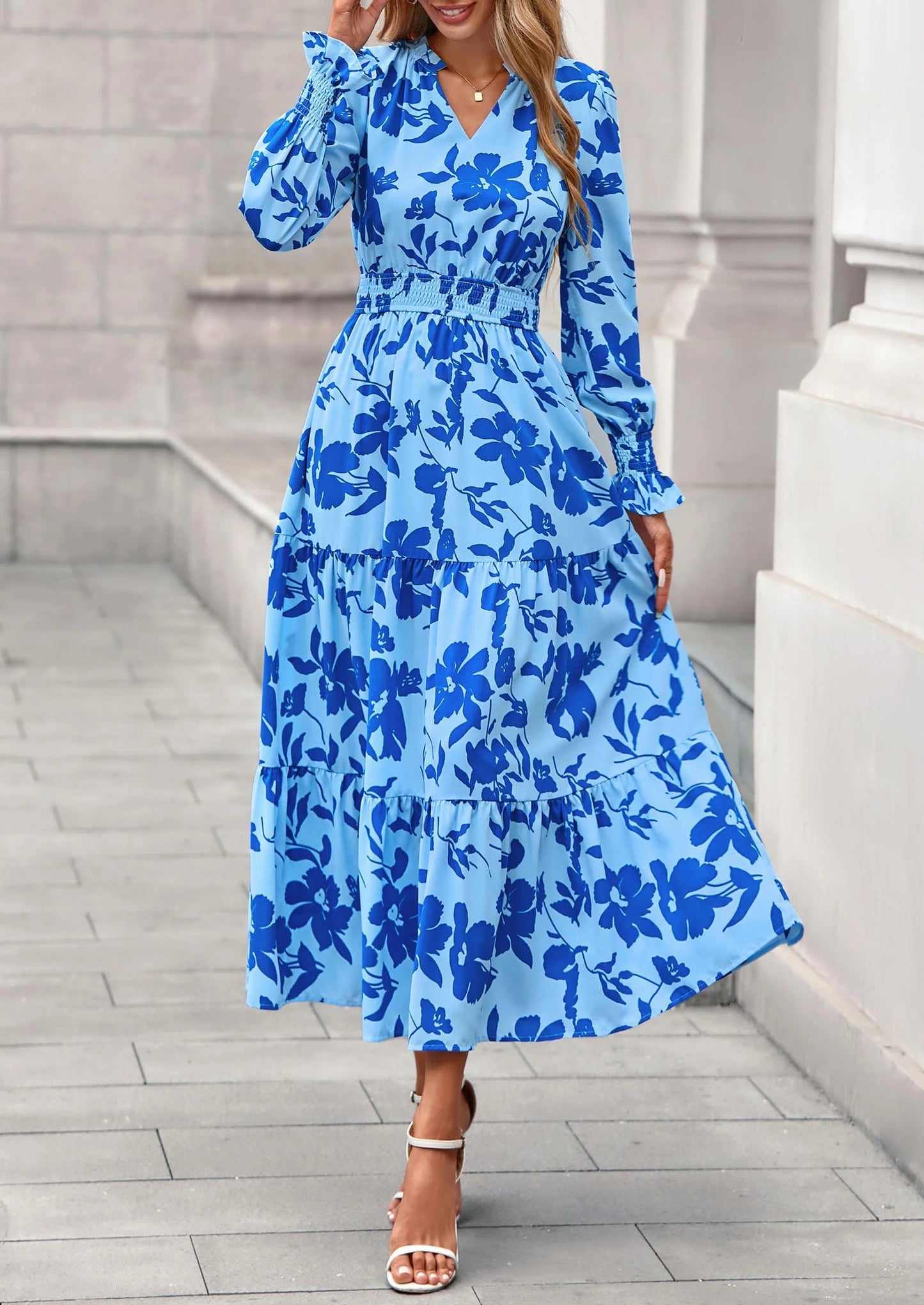Women's Floral Maxi Dress Spring Long Sleeve V Neck Casual A Line Long Flowy Boho Party Dresses