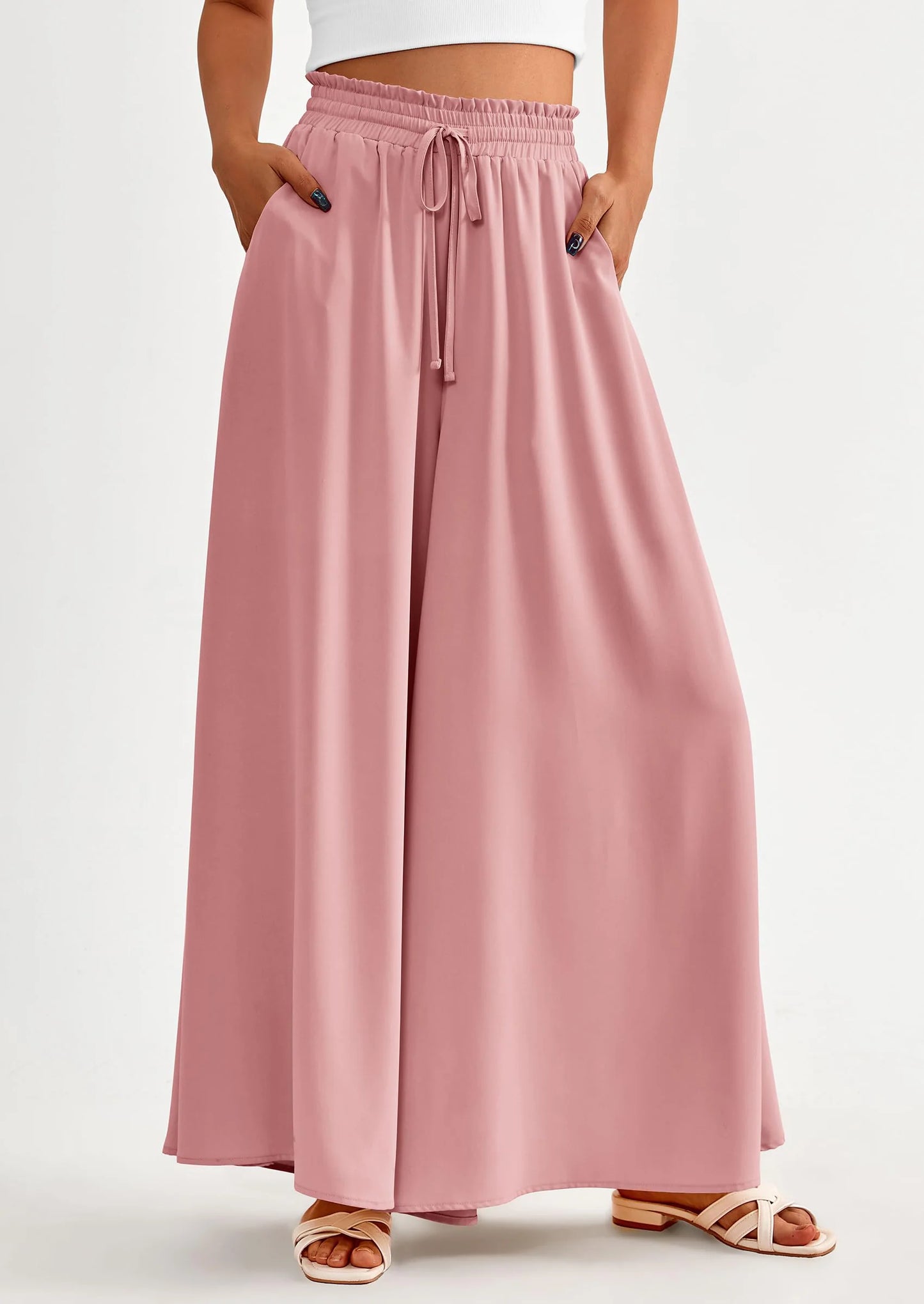 Women's Summer Wide Leg Palazzo Pants High Waisted Flowy Pockets Trendy Casual Lounge Boho Beach Trousers