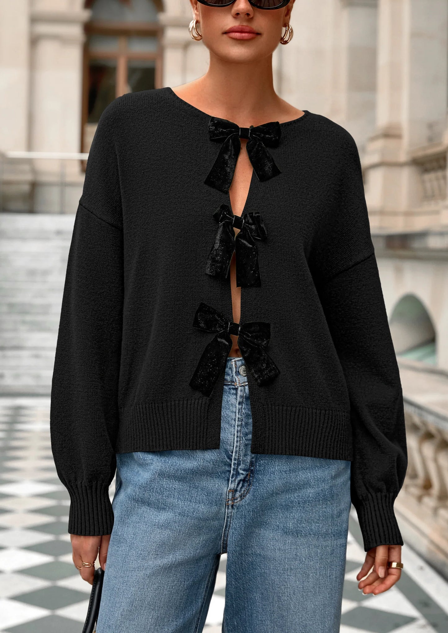 Cardigan Sweaters for Women Fall Bow Tie Front Long Sleeve Knit Sweater Tops Cute Going Out Outfits