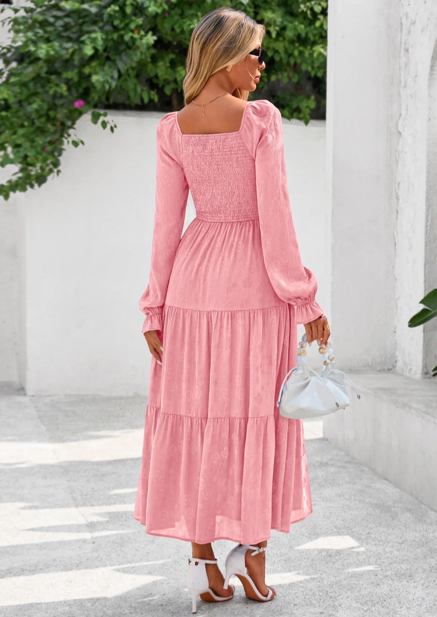 Fall Wedding Guest Dresses for Women Floral Long Sleeve Smocked Tiered Elegant Long Flowy Boho Dress
