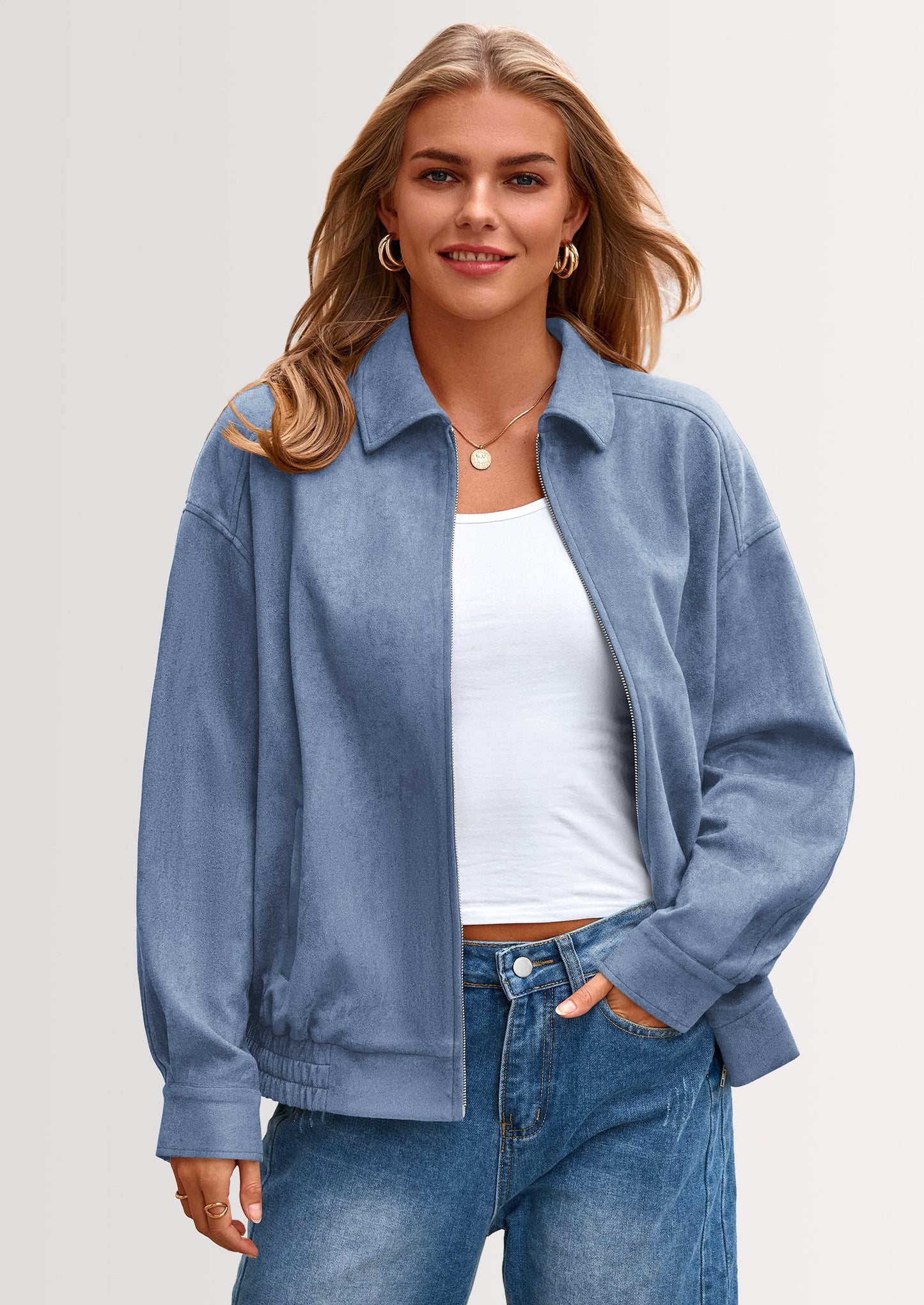Women's Faux Suede Motorcycle Jacket Trendy Fall Fashion Oversized Zip Up Coats Winter Clothes Outerwear
