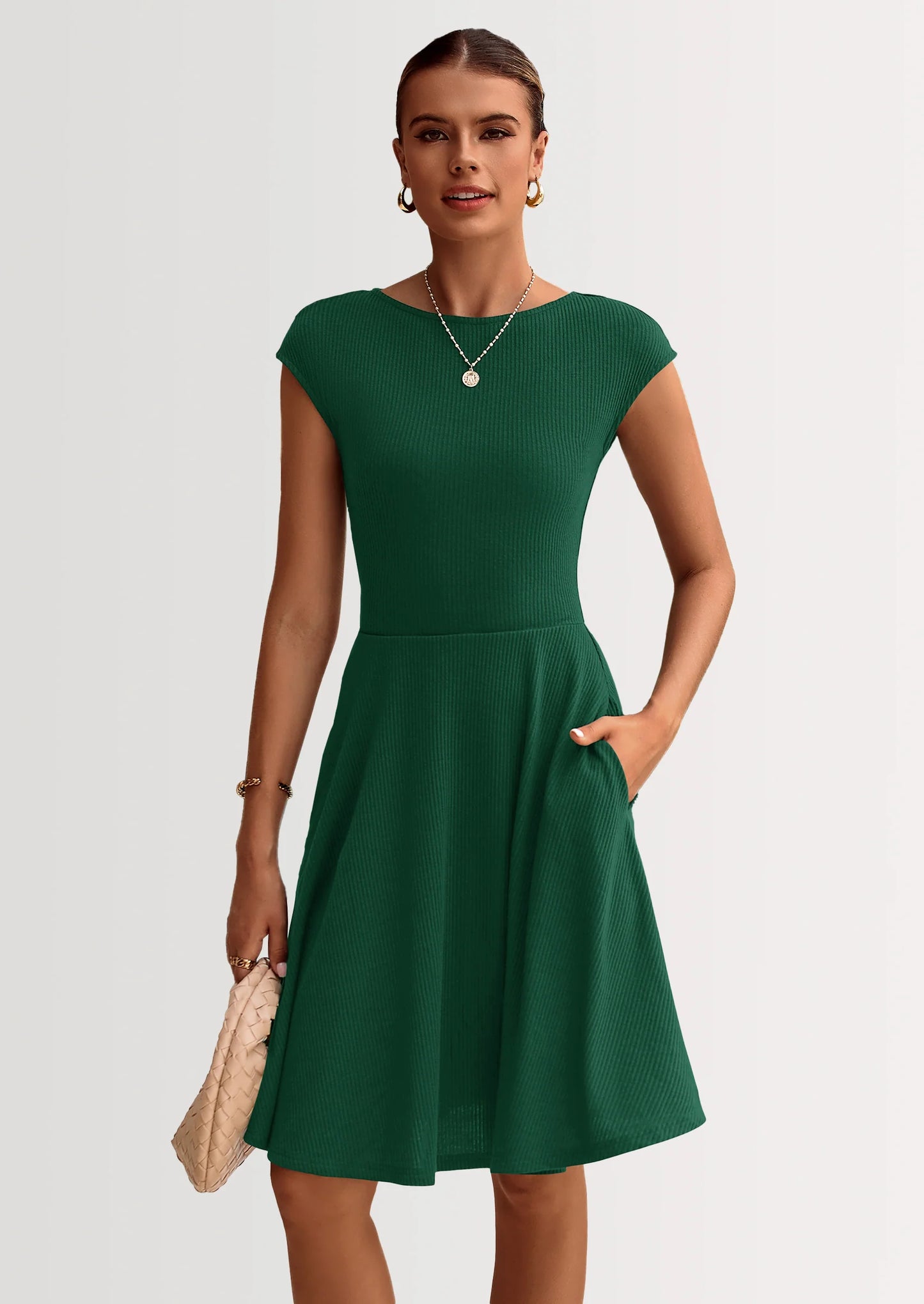 Womens Short Summer Dress Crewneck Cap Sleeve Ribbed Knit Casual Flowy A Line Mini Sundresses with Pockets