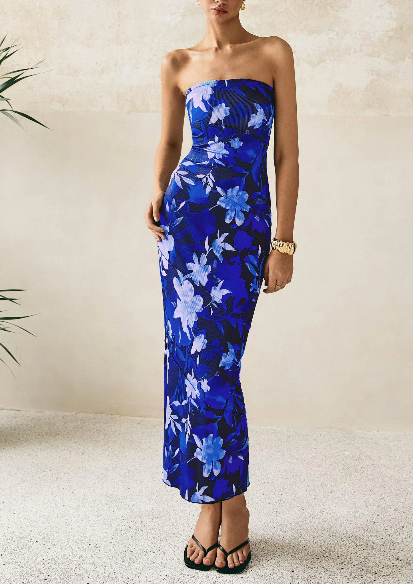 Women's Floral Bodycon Maxi Dresses Ribbed Strapless Tube Casual Boho Party Long Dress