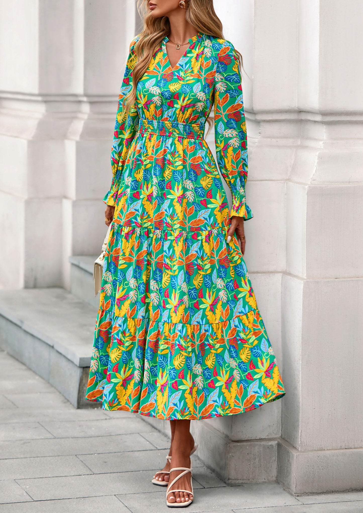 Women's Floral Maxi Dress Spring Long Sleeve V Neck Casual A Line Long Flowy Boho Party Dresses