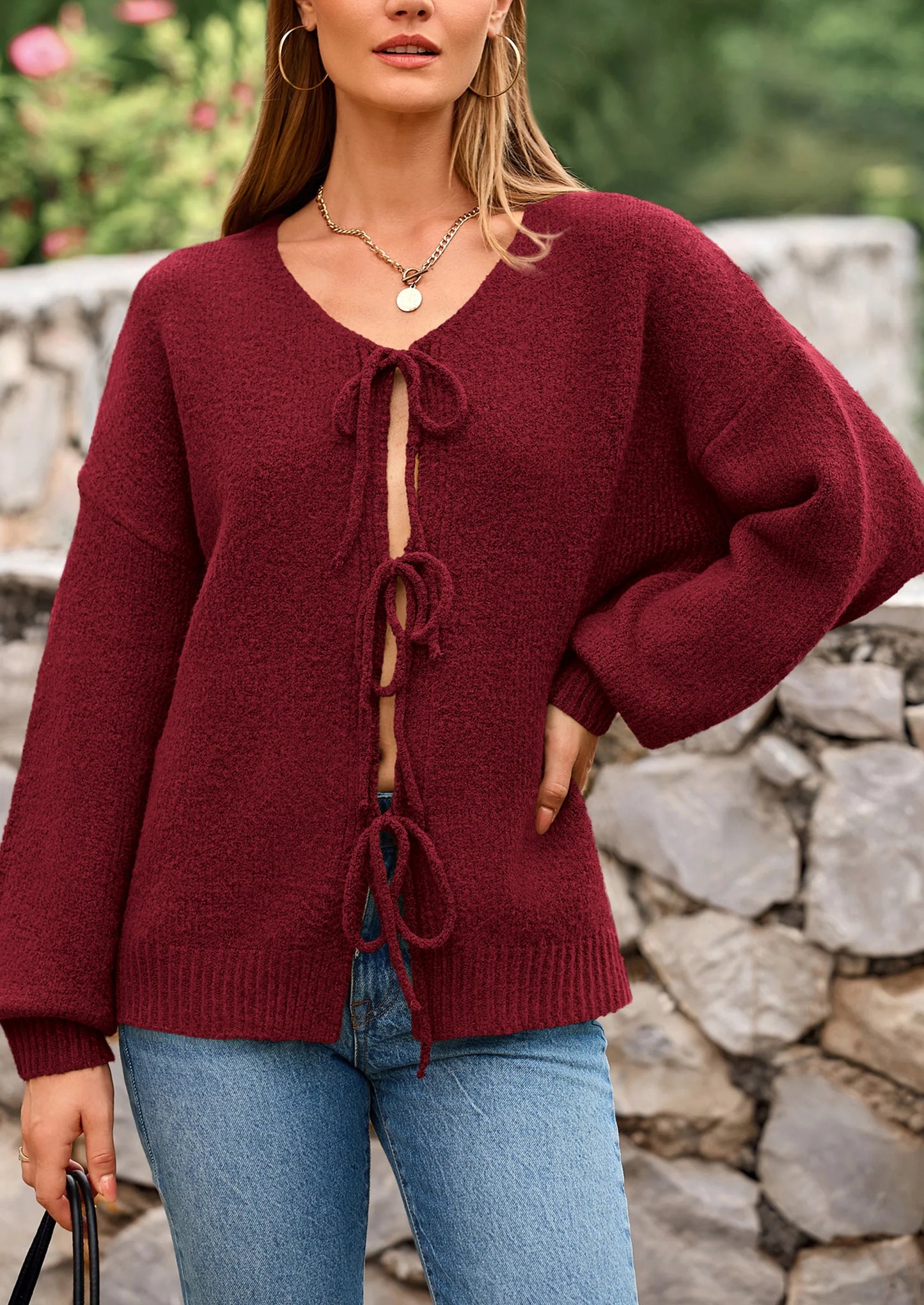 Women's Tie Front Bow Cardigan Sweaters Chunky Knit Long Puff Sleeve Trendy Fall Winter Jacket Coats