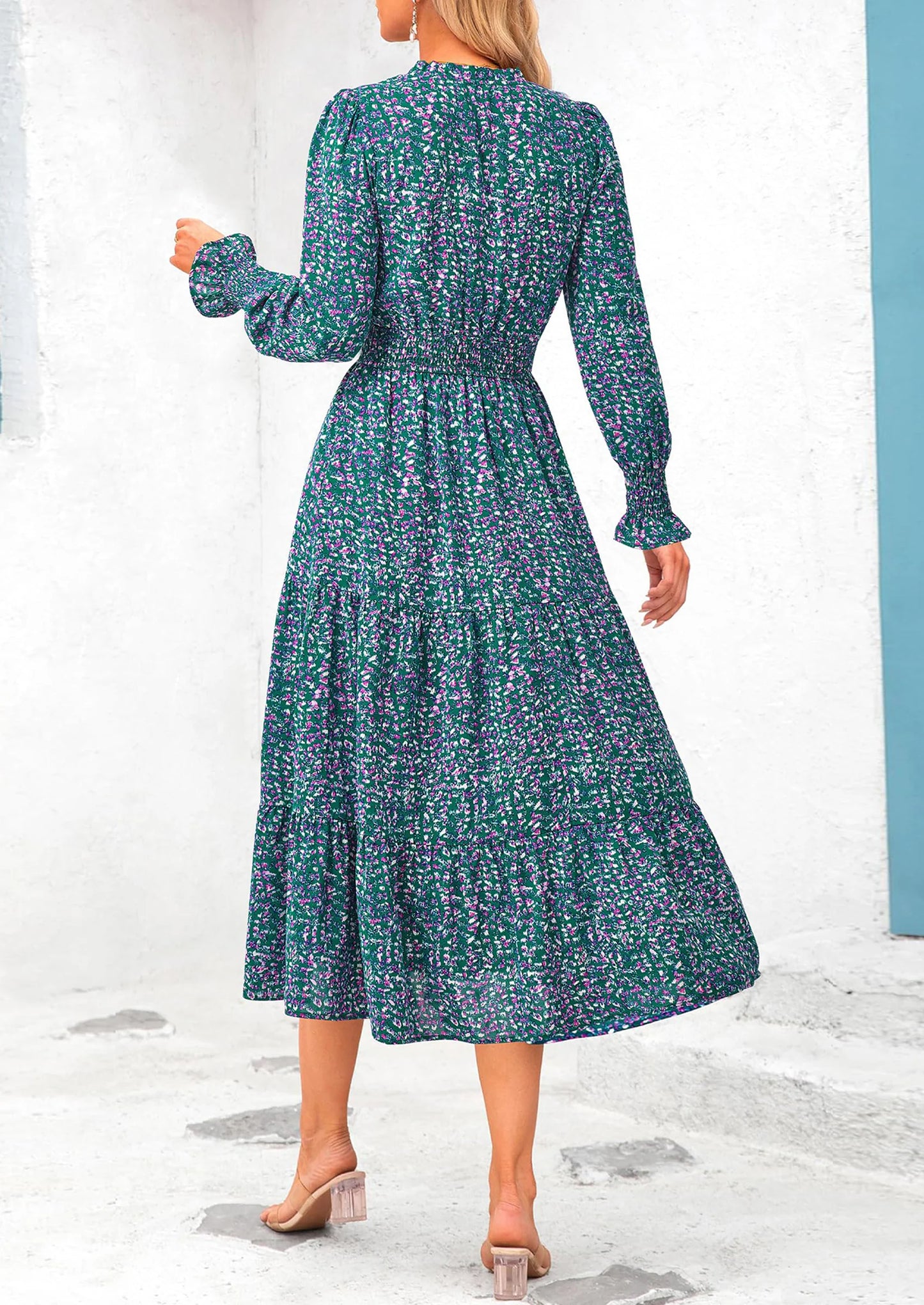 Women's Floral Maxi Dress Spring Long Sleeve V Neck Casual A Line Long Flowy Boho Party Dresses