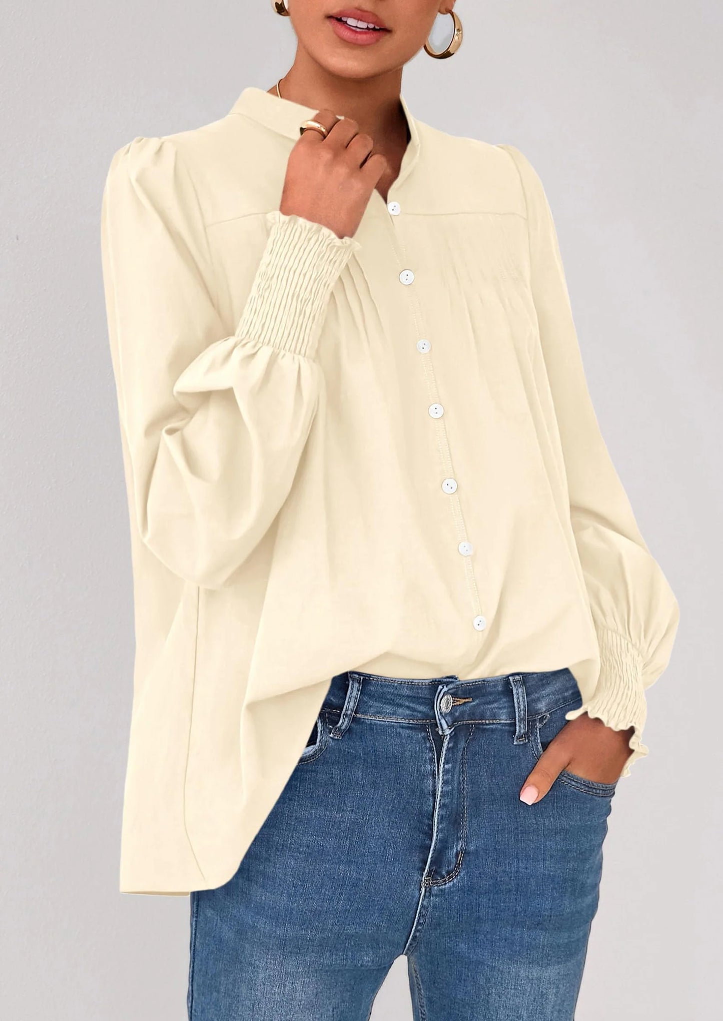 Womens Fall Lantern Long Sleeve Shirts Trendy Button V Neck Pleated Henley Tops Loose Work Blouses