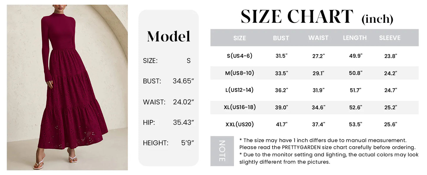 Long Sleeve Dress for Women Fall Eyelet Mock Neck A Line Elegant Classy Maxi Wedding Guest Dresses Pockets