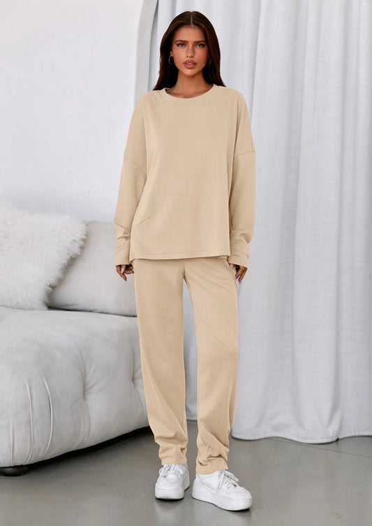 Womens 2 Piece Matching Lounge Sets Fall Long Sleeve Boatneck Sweatsuit Drawstring Sweatpants Pockets