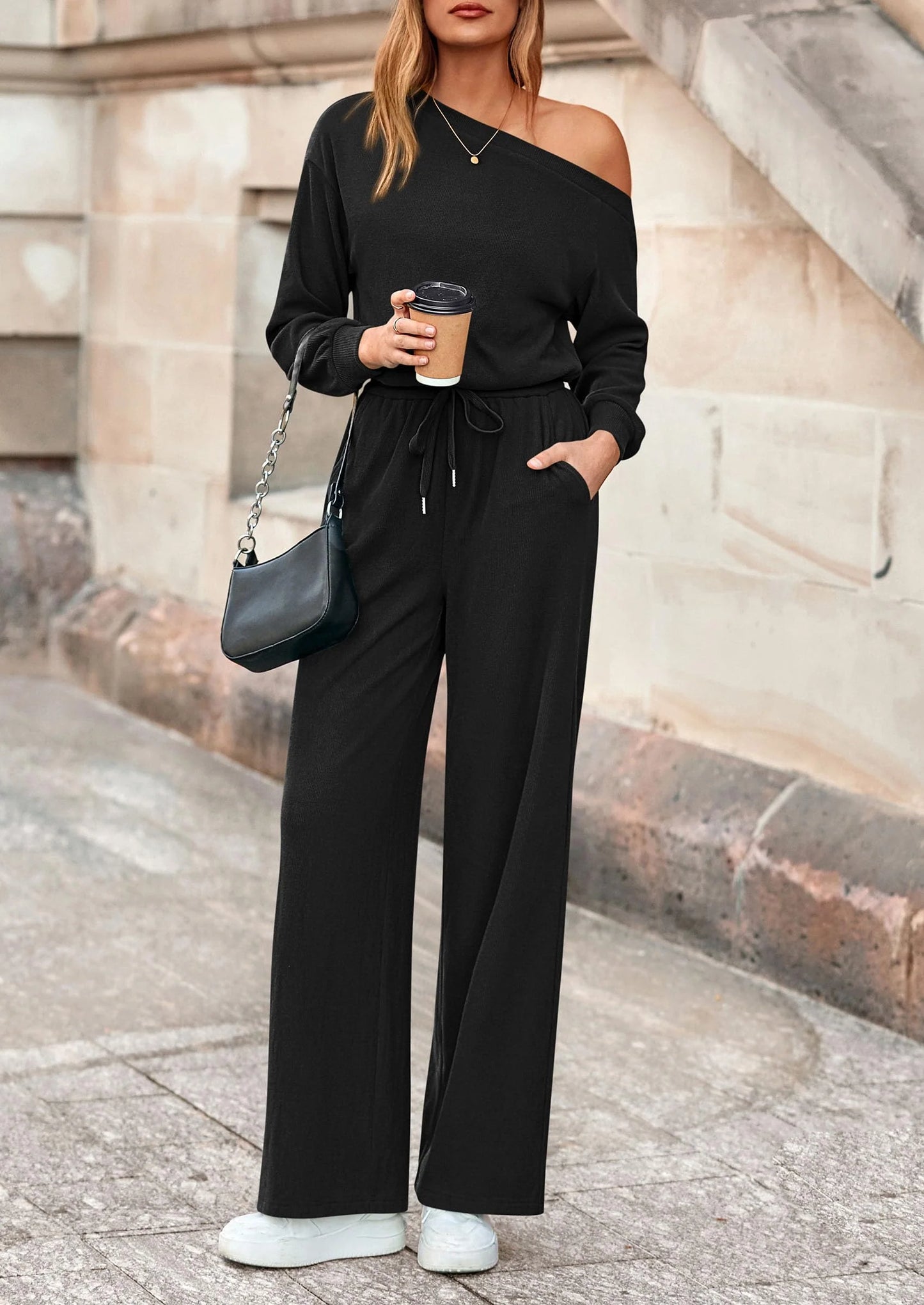 Long Sleeve Jumpsuit For Women Dressy Off Shoulder One Piece Loose Wide Leg Jumpsuits Casual Flowy Romper