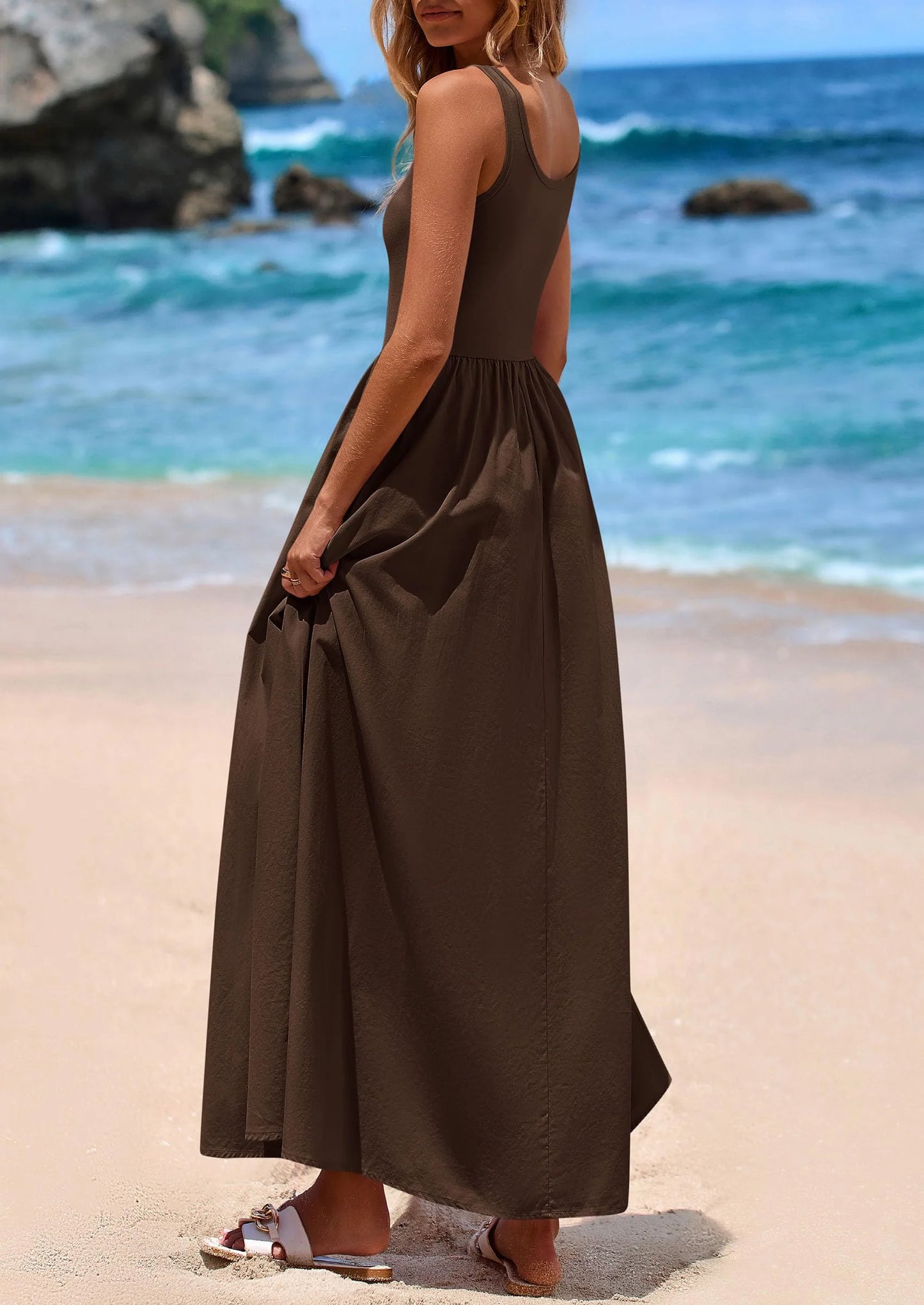 Womens Summer Casual Scoop Neck Sleeveless Long Dresses Tank Top Patchwork Aline Swing Maxi Dress with Pockets