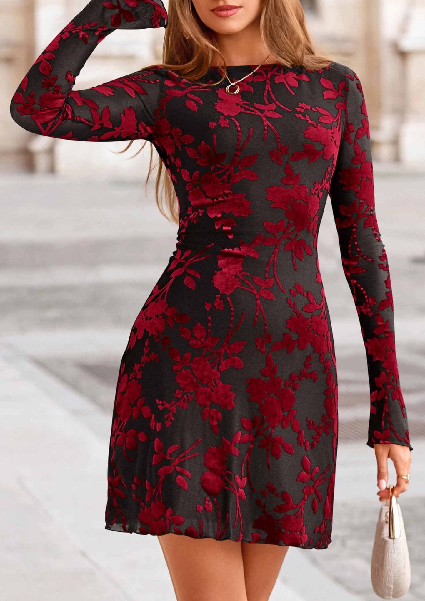 Women's Fall Fashion Floral Long Sleeve Mini Dress Mesh Bodycon Short Party Date Night Going Out Dresses