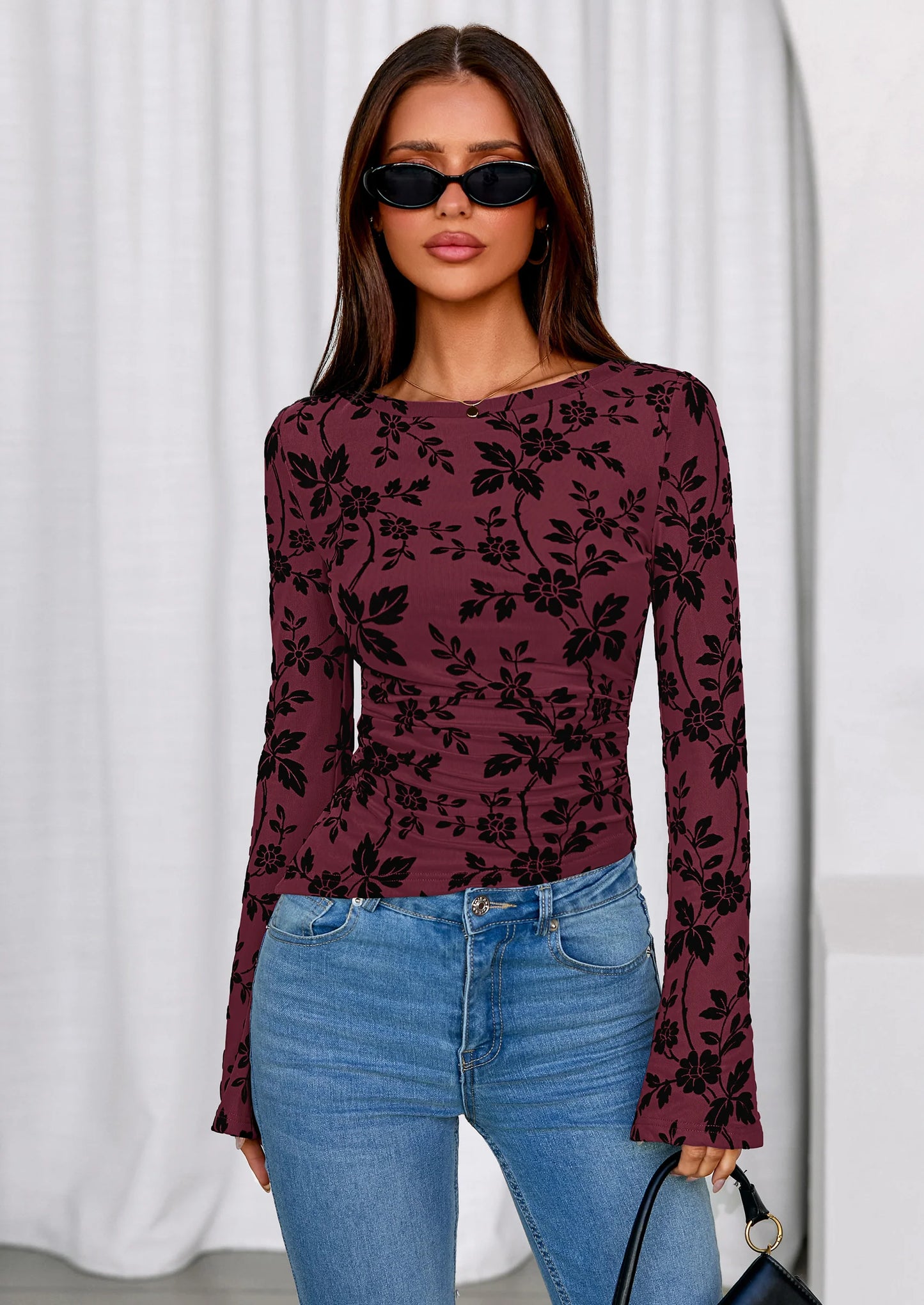 Women Long Sleeve Floral Mesh Tops Blouse  Fall Trendy Boat Neck Ruched Fitted Shirt Going Out Date Outfits