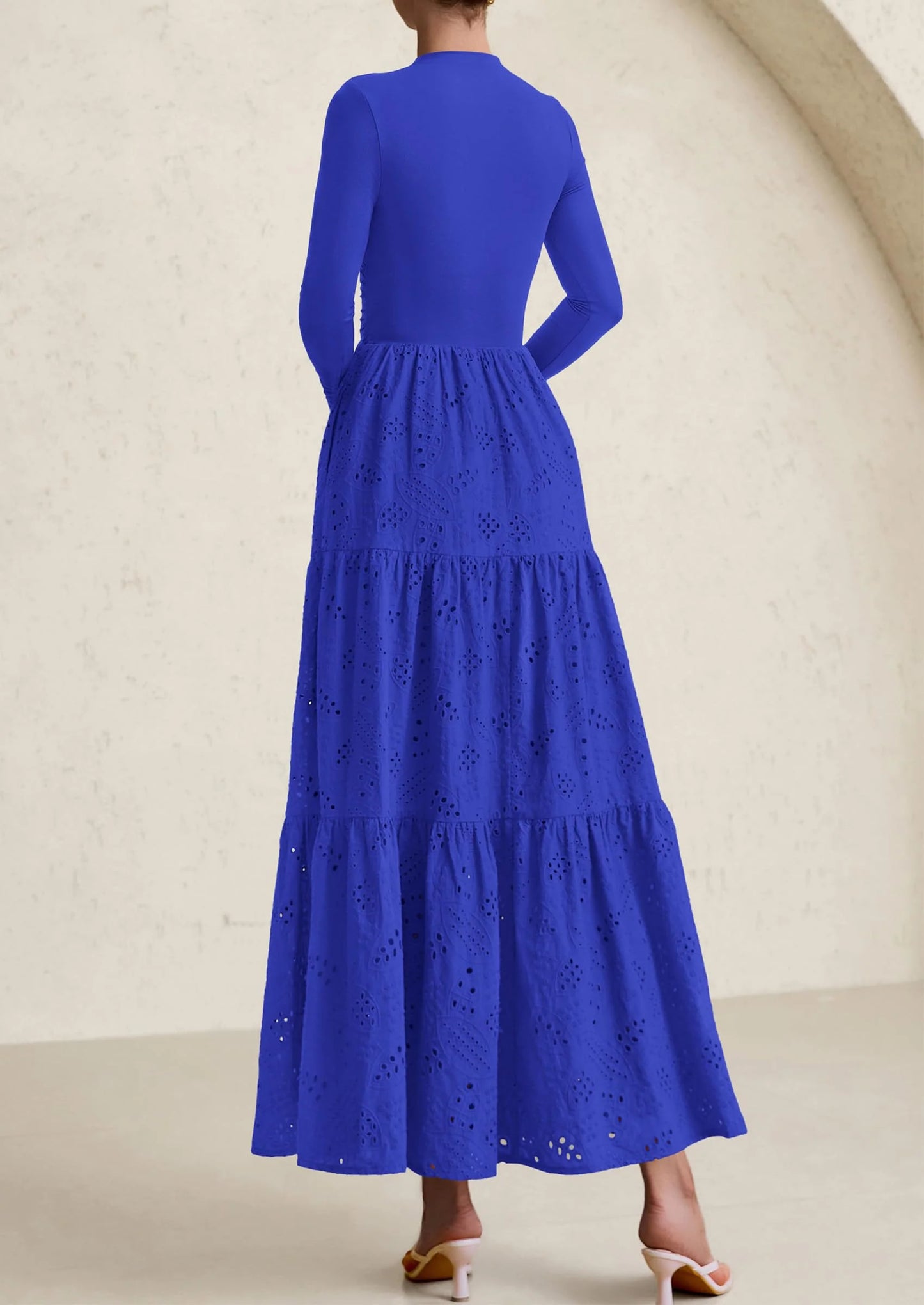 Long Sleeve Dress for Women Fall Eyelet Mock Neck A Line Elegant Classy Maxi Wedding Guest Dresses Pockets
