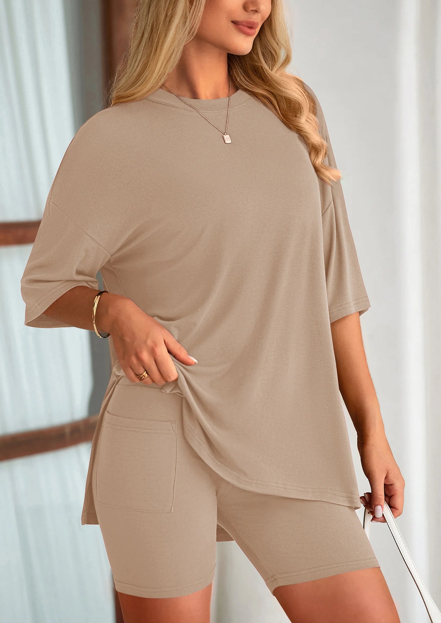 Women's Two Piece Lounge Set Summer Casual Oversized Shirts Biker Shorts Matching Airport Travel Outfit