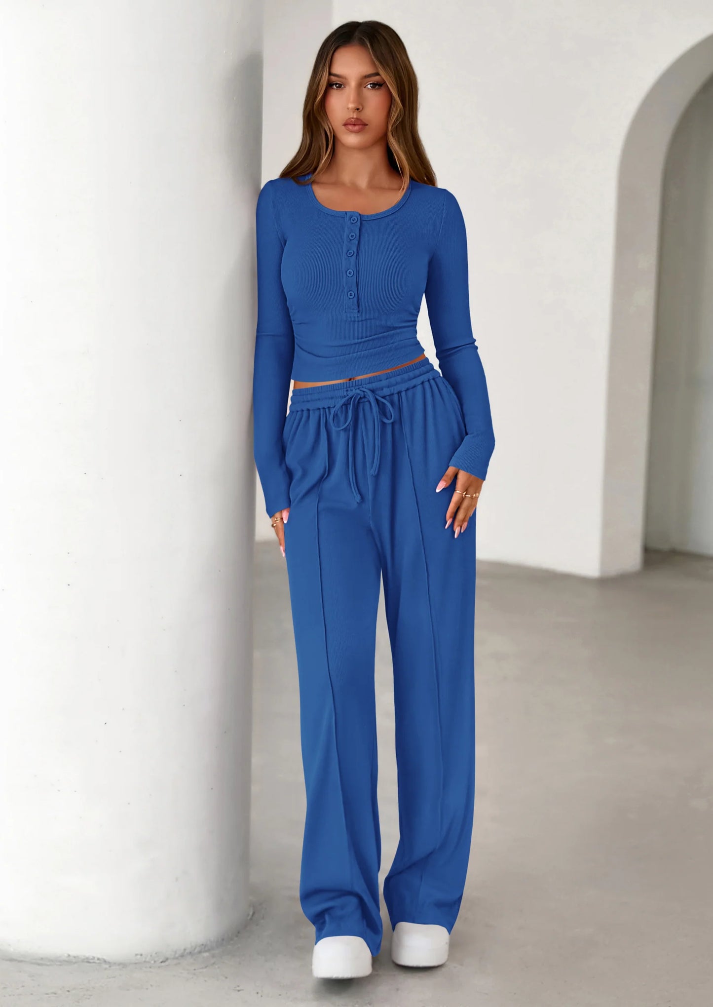 Women's Fall Trendy 2 Piece Outfits Lounge Sets Long Sleeve Top Henley Shirts Wide Leg Pants Travel Clothes