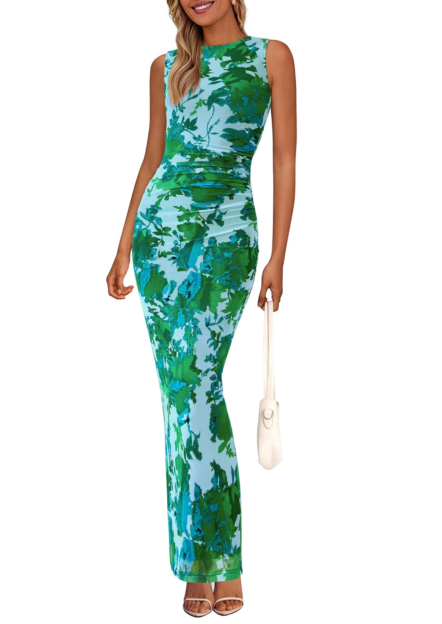 Wedding Guest Dresses for Women Spring Floral Bodycon Sleeveless Mesh Maxi Long Dress