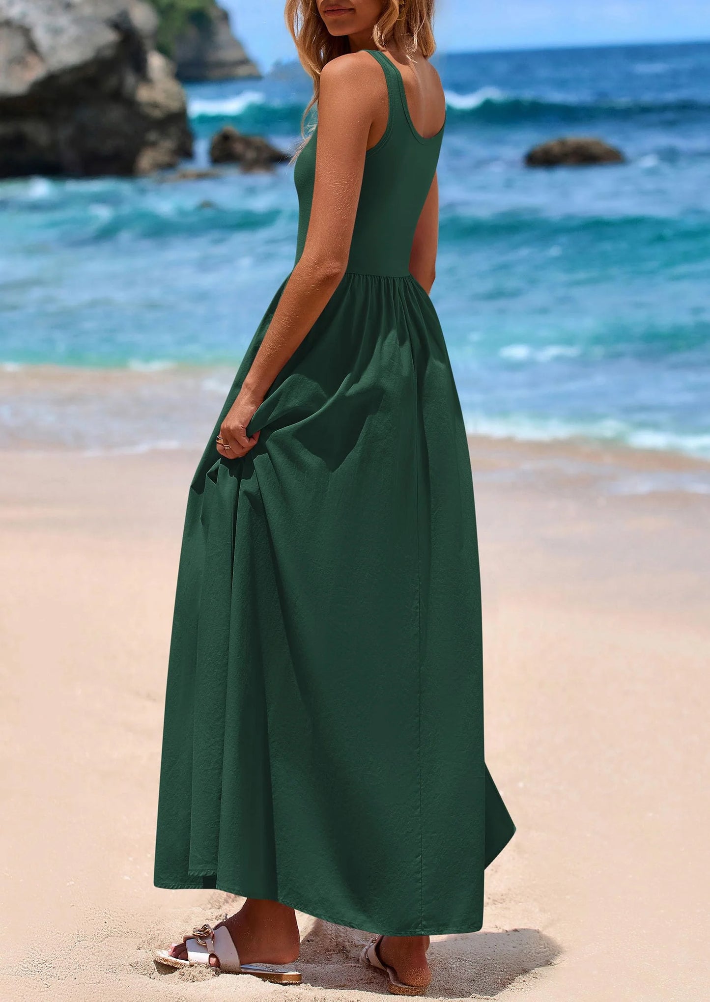 Womens Summer Casual Scoop Neck Sleeveless Long Dresses Tank Top Patchwork Aline Swing Maxi Dress with Pockets