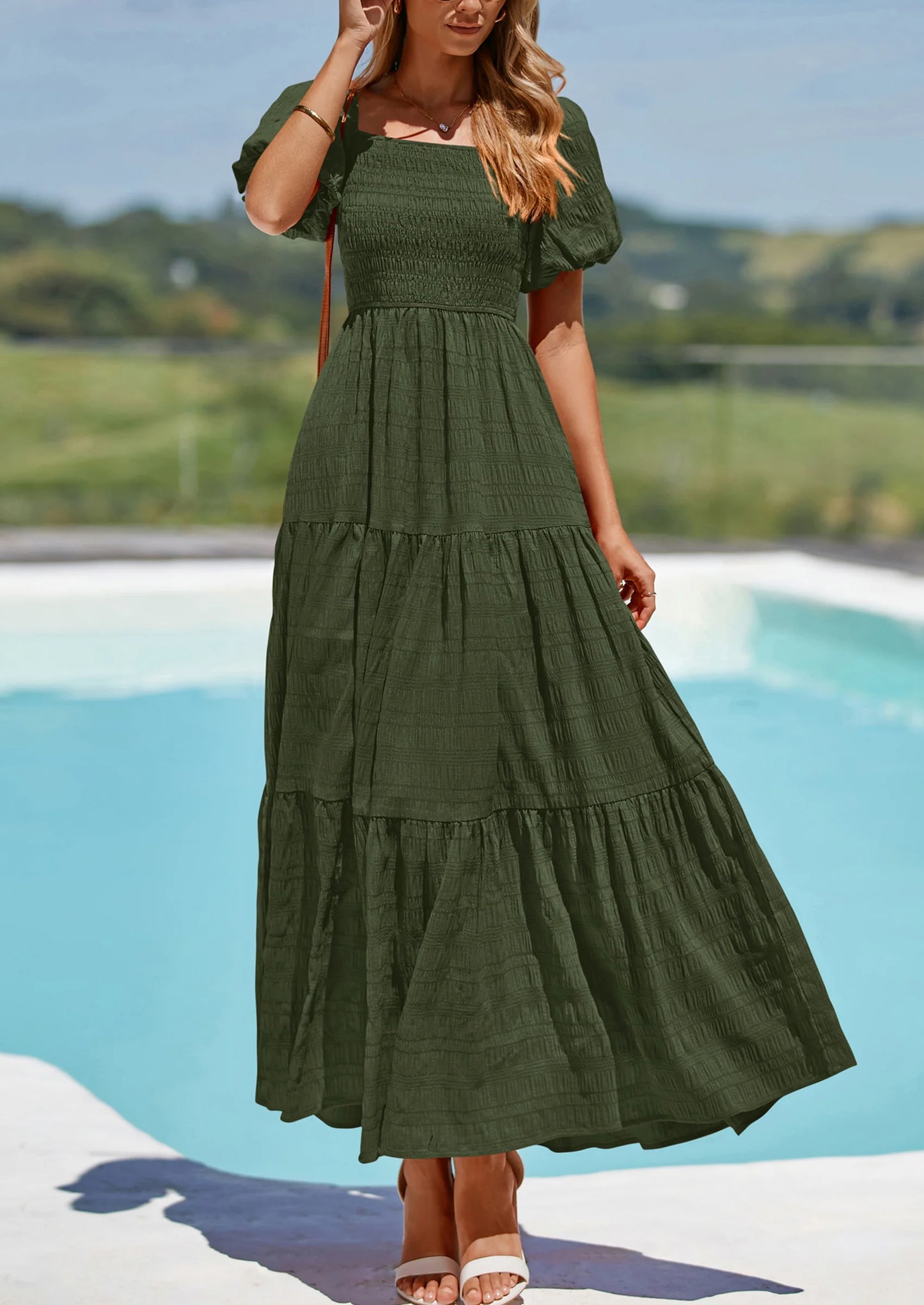 Womens Summer Puff Short Sleeve Maxi Dress Square Neck Smocked Tiered Ruffle A Line Long Flowy Beach Dresses