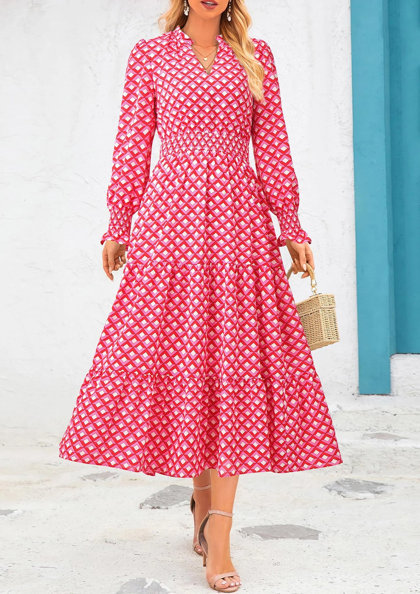 Women's Floral Maxi Dress Spring Long Sleeve V Neck Casual A Line Long Flowy Boho Party Dresses