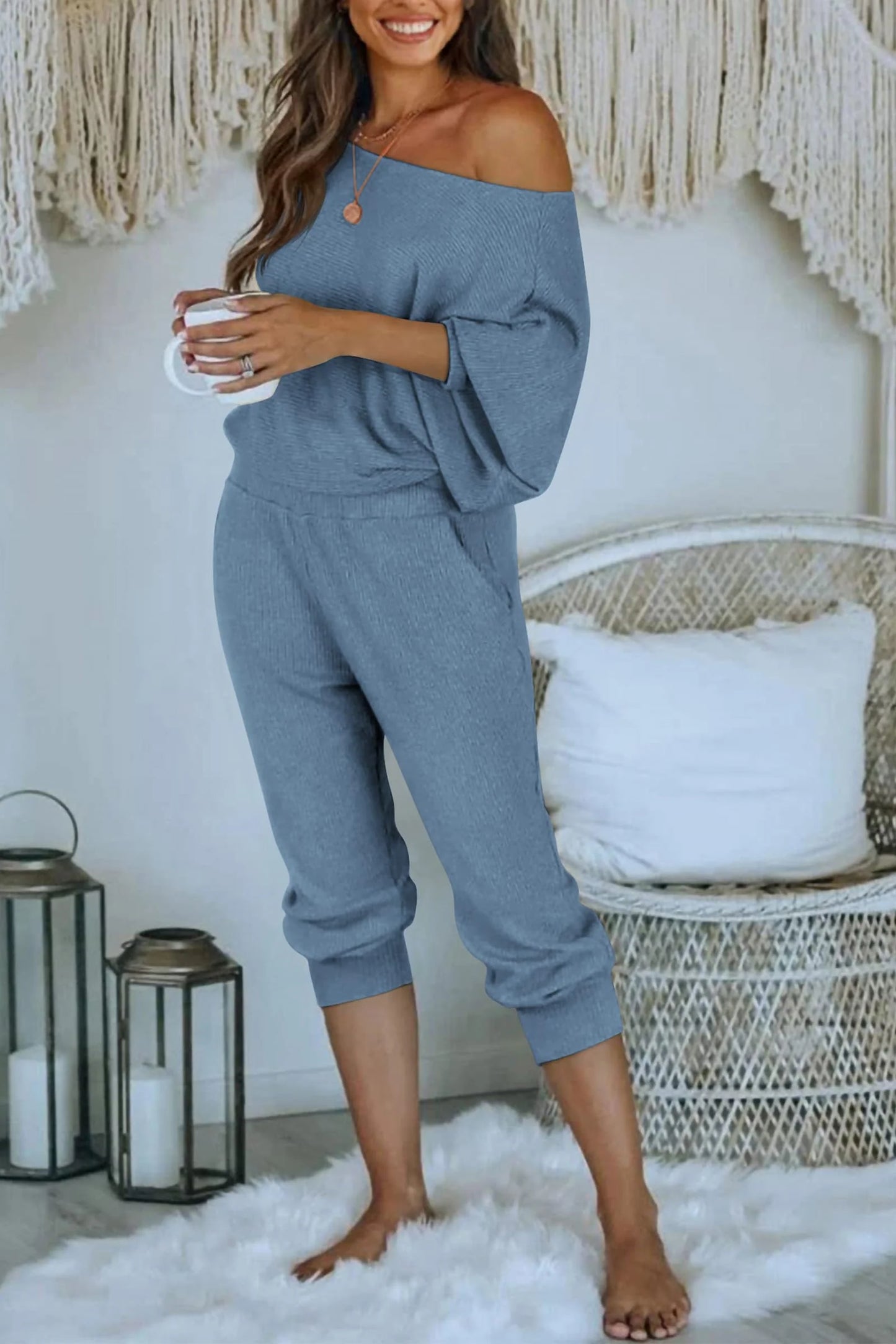 Women's 2 Piece Ribbed Tracksuit Outfits Off Shoulder Long Sleeve Pullover Lounge Pants with Pockets