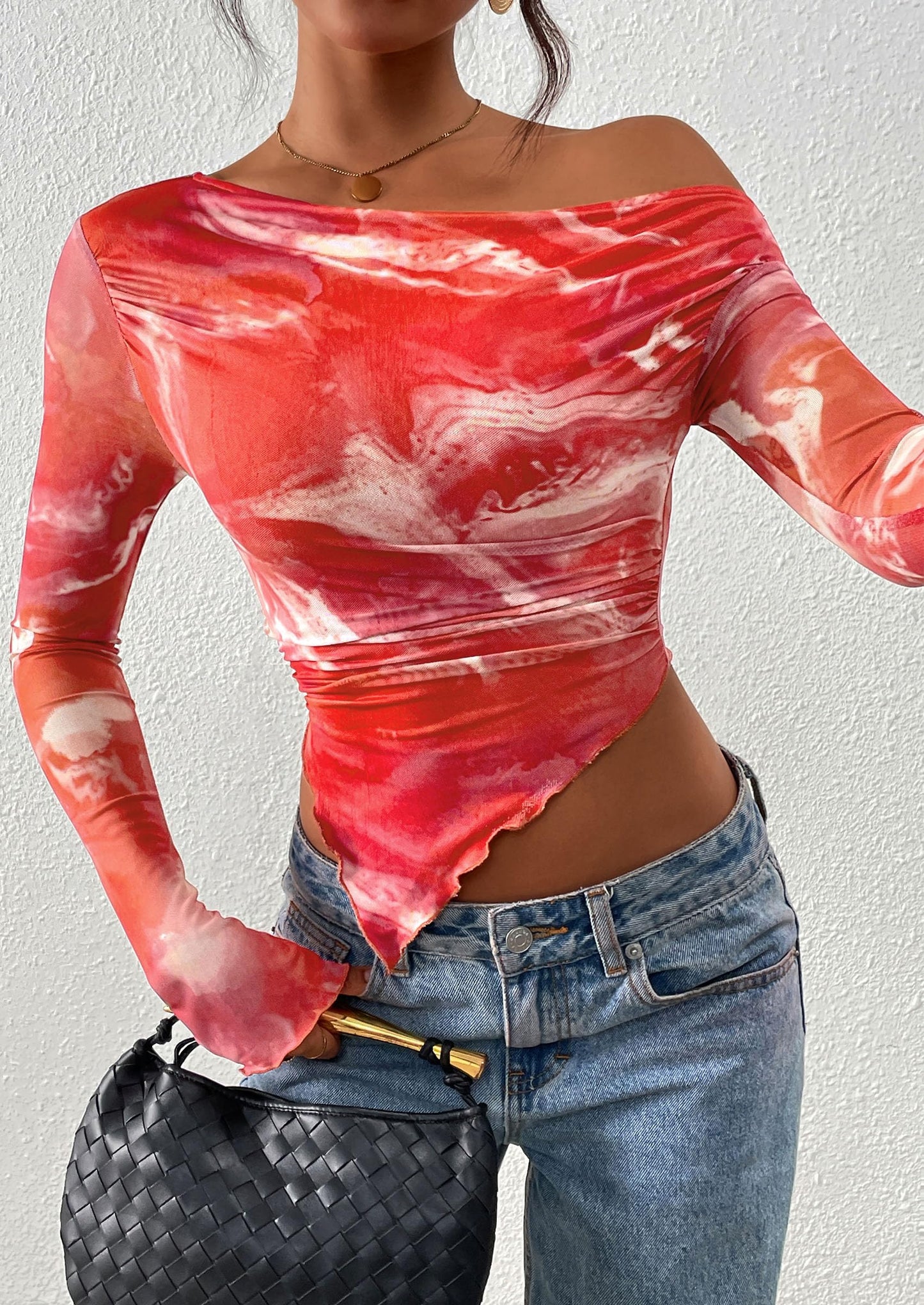 Womens Fall Trendy Off Shoulder Tops Tie Dye Mesh Long Sleeve Shirts Asymmetrical Ruched Floral Blouse