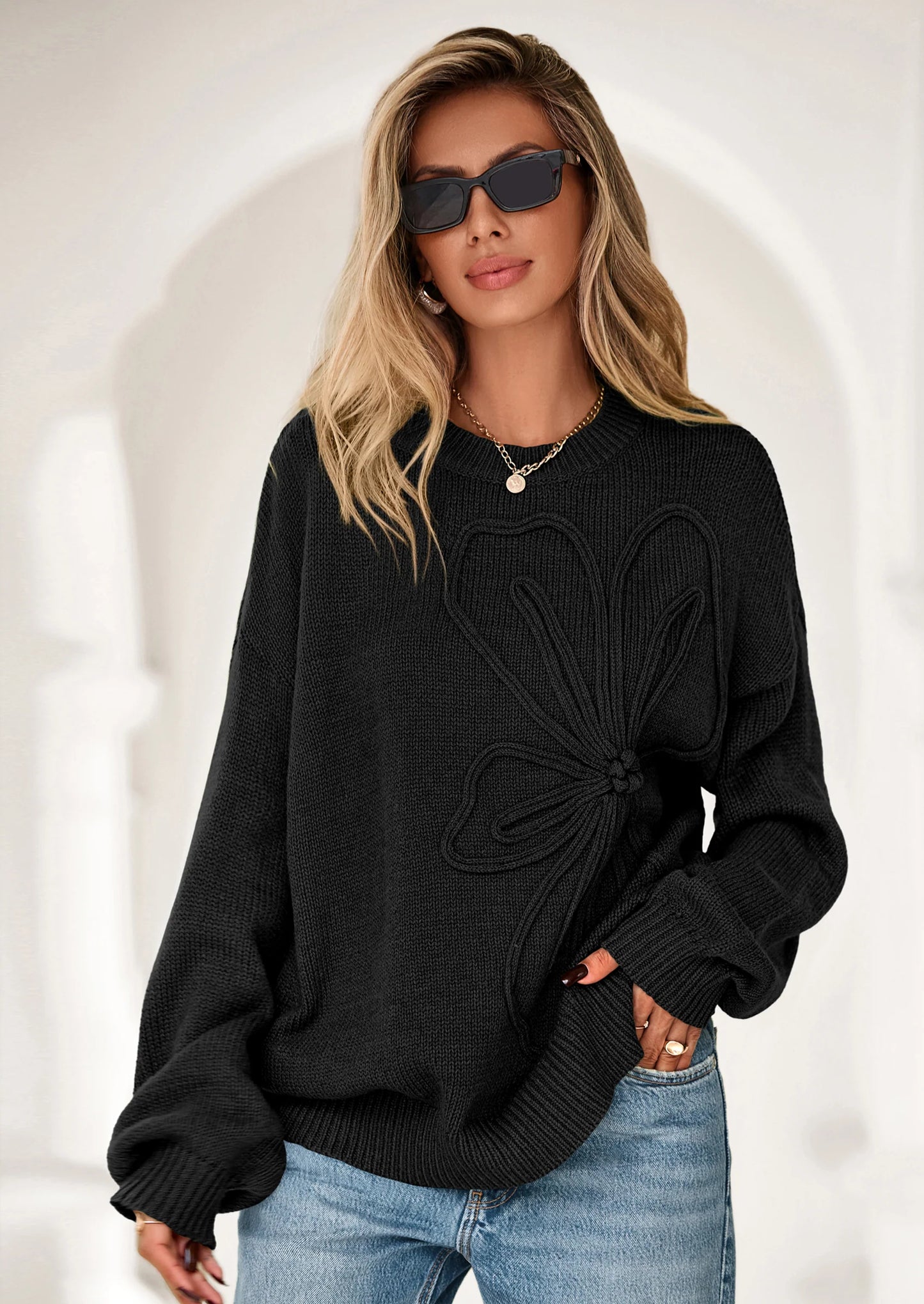 Womens Sweaters Fall Fashion Long Sleeve Crewneck Floral Knit Pullover Sweater Tops Winter Clothes
