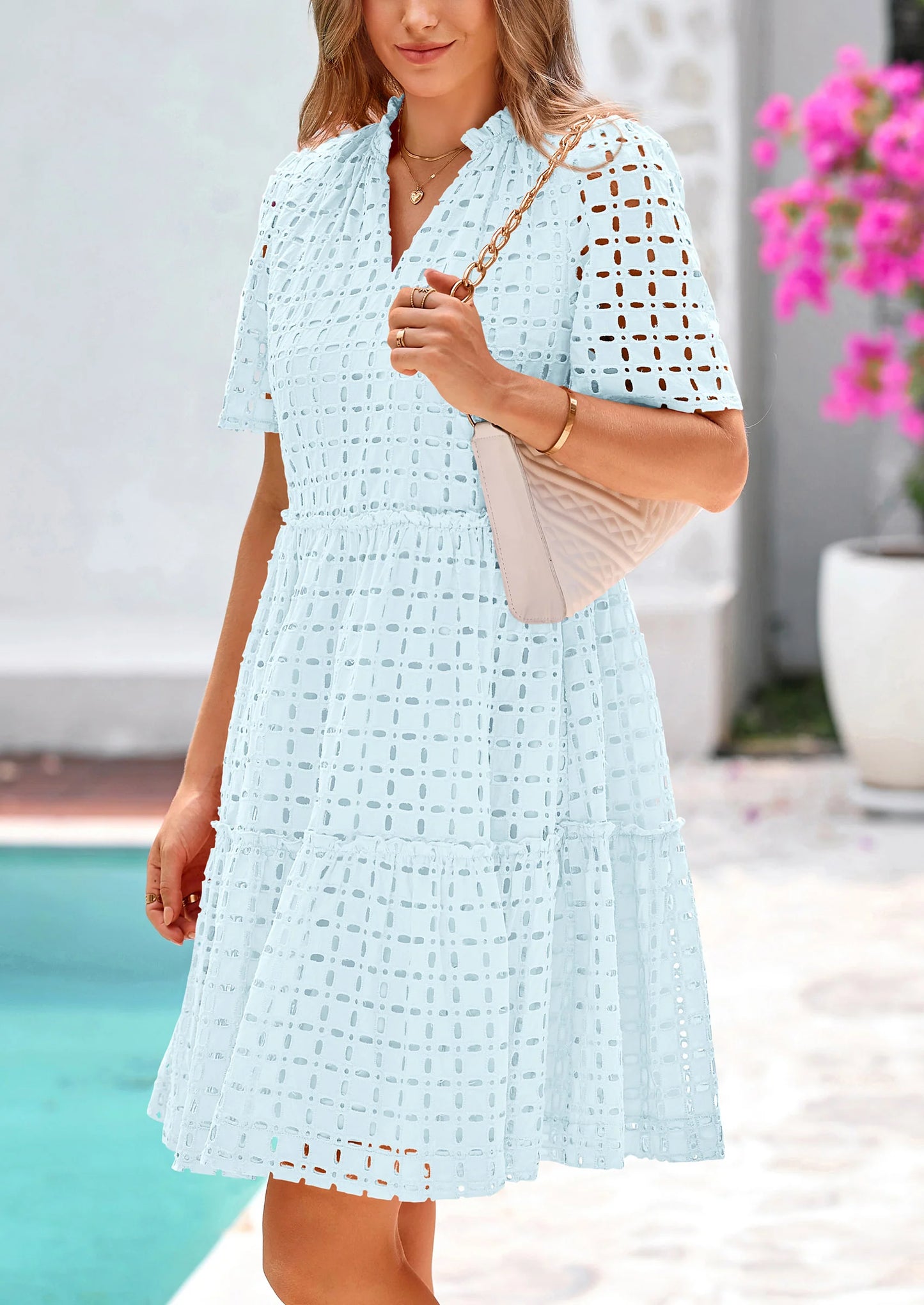 Women's Short Sleeve Mini Dress Summer V Neck Hollow Out Eyelet Ruffle A Line Swing Short Dresses