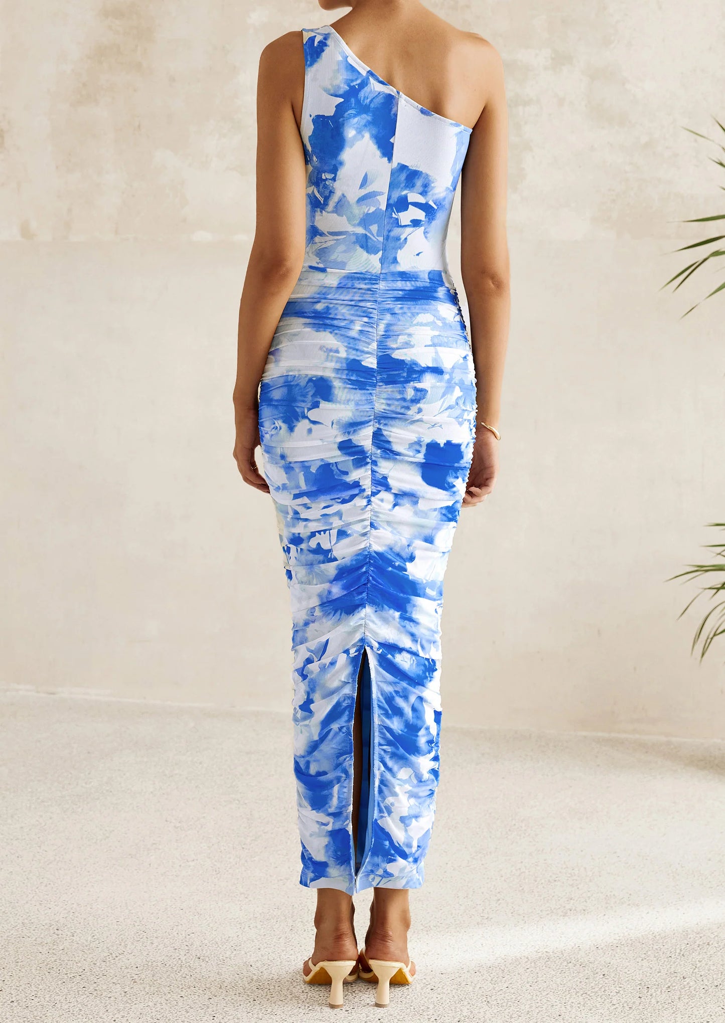 Women's One Shoulder Bodycon Dresses Ruched Floral Beach Cocktail Wedding Guest Dress