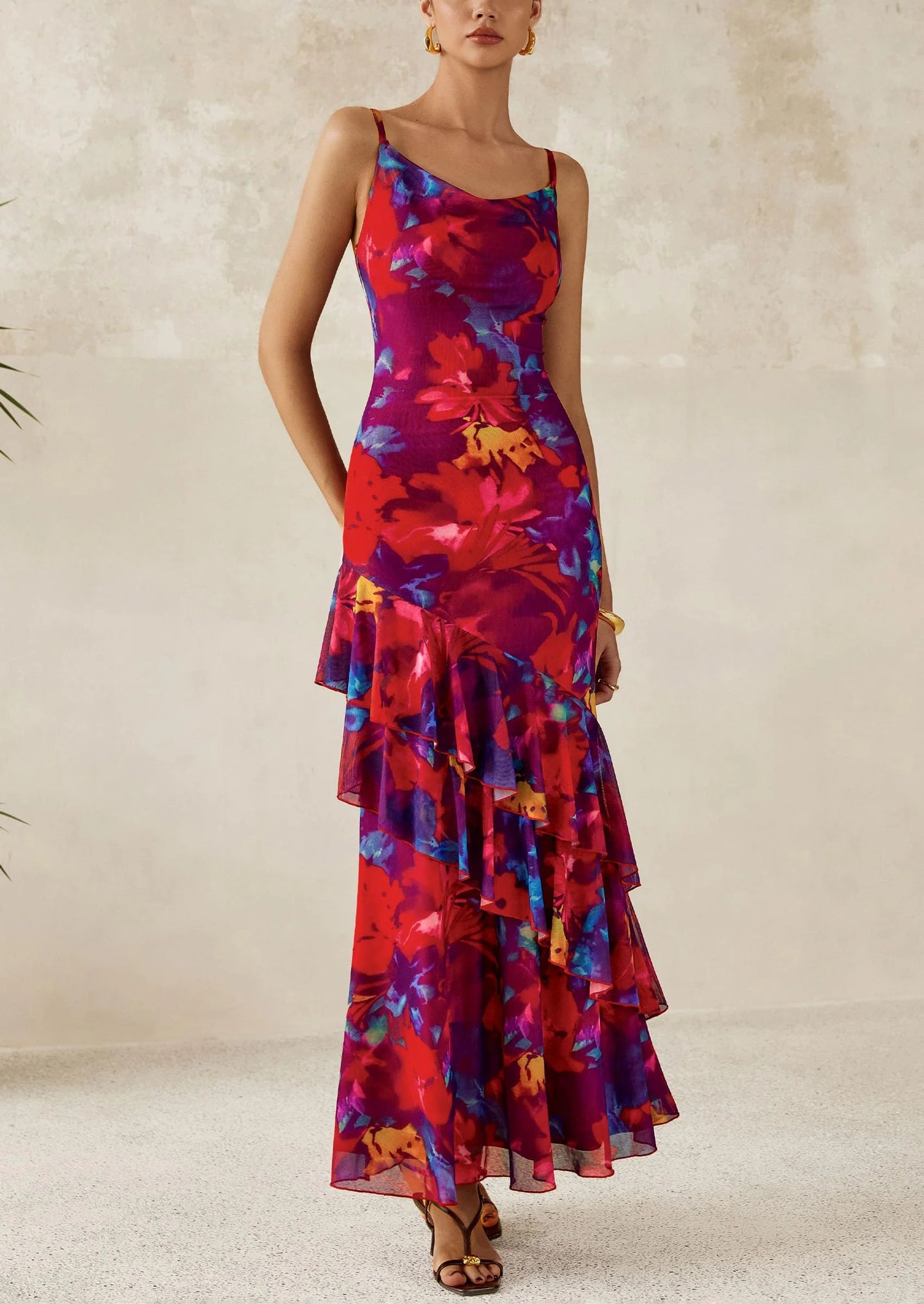 Maxi Dresses for Women Floral Beach Sundress Spaghetti Strap Tiered Wedding Guest Long Dress