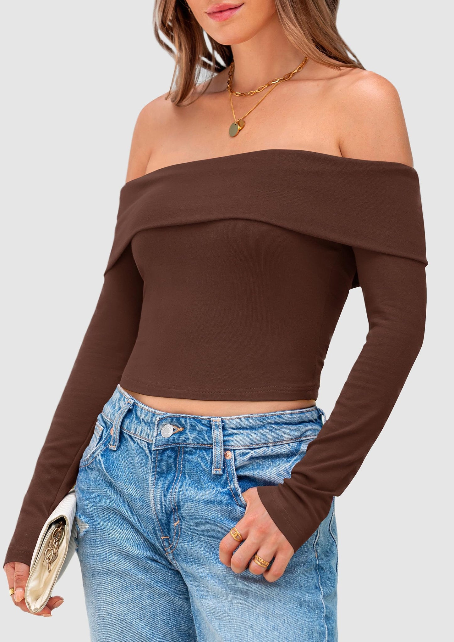 Off The Shoulder Tops for Women Long Sleeve Shirts Trendy Going Out Crop Top Spring Fashion Clothes