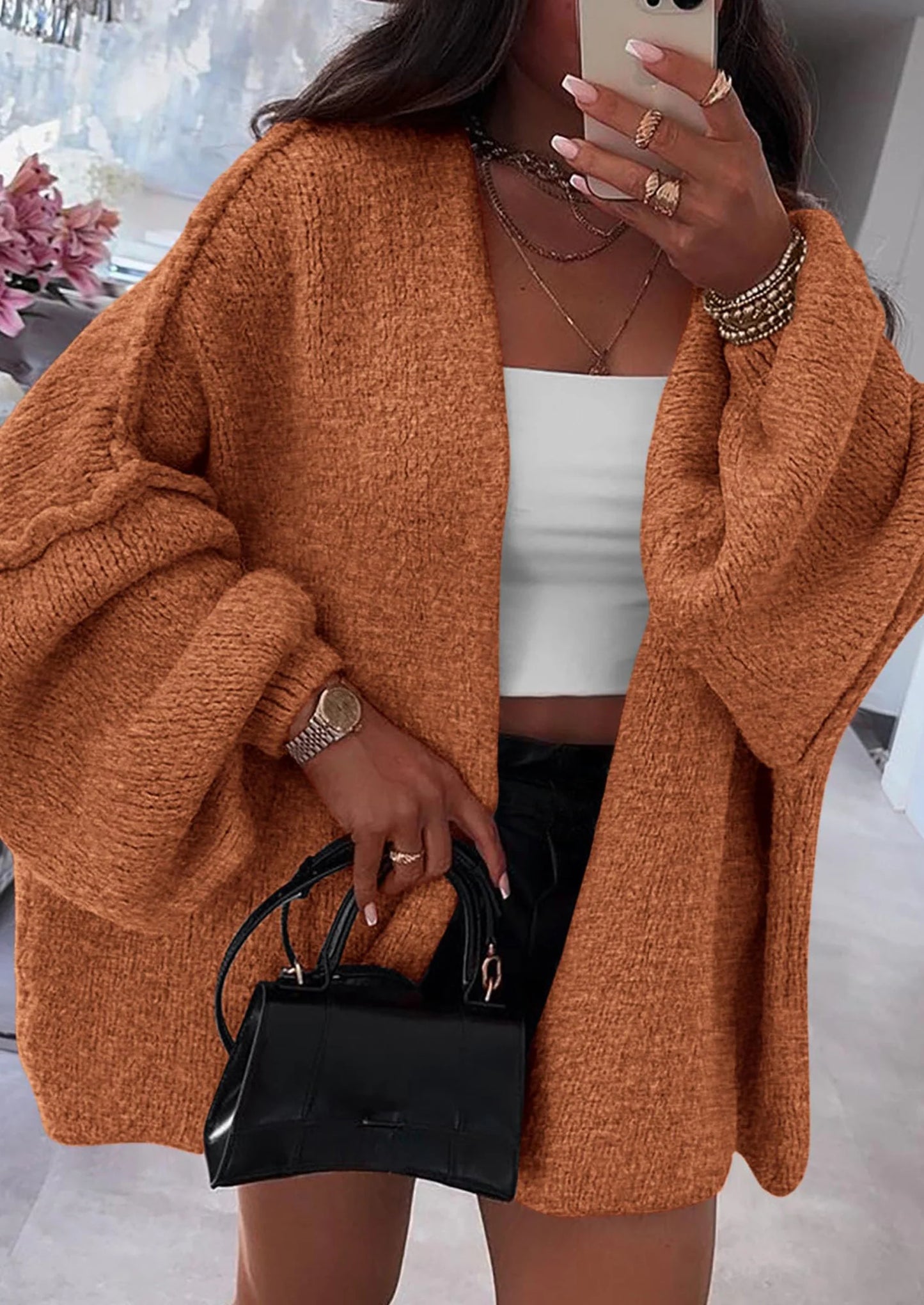 Womens Oversized Cardigan Sweaters Fall Long Lantern Sleeve Knit Open Front Lightweight Sweater