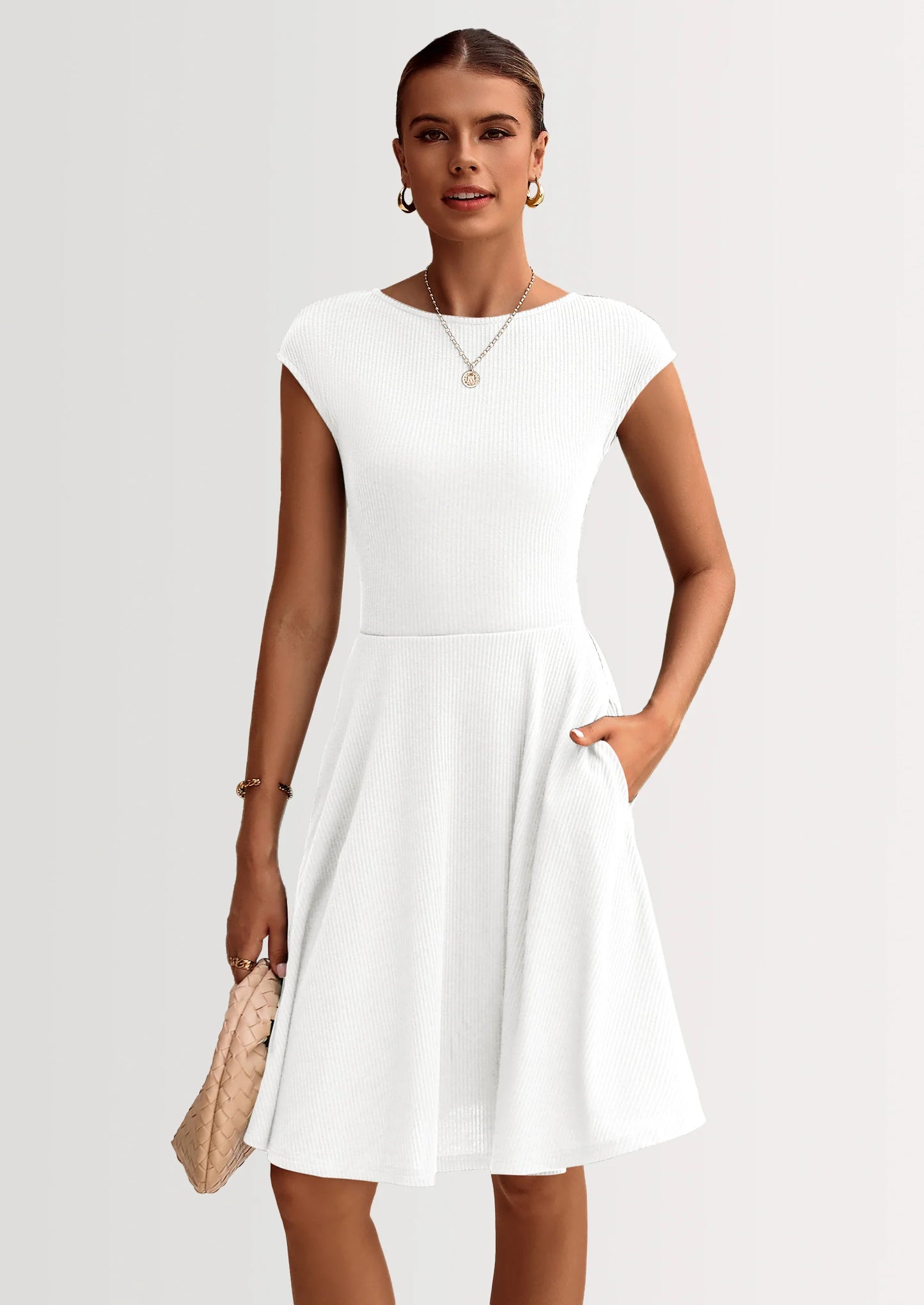 Womens Short Summer Dress Crewneck Cap Sleeve Ribbed Knit Casual Flowy A Line Mini Sundresses with Pockets
