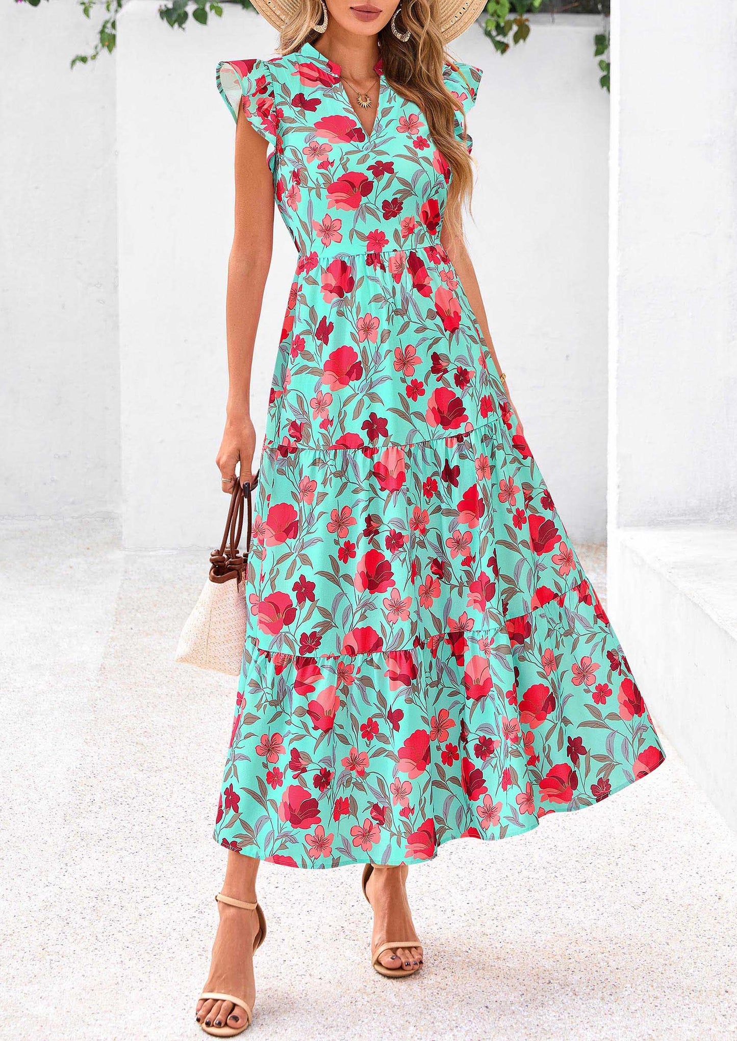 Women's Summer Floral Midi Dress Cap Sleeve V Neck Ruffle Long Flowy Boho Casual Beach Vacation Dresses