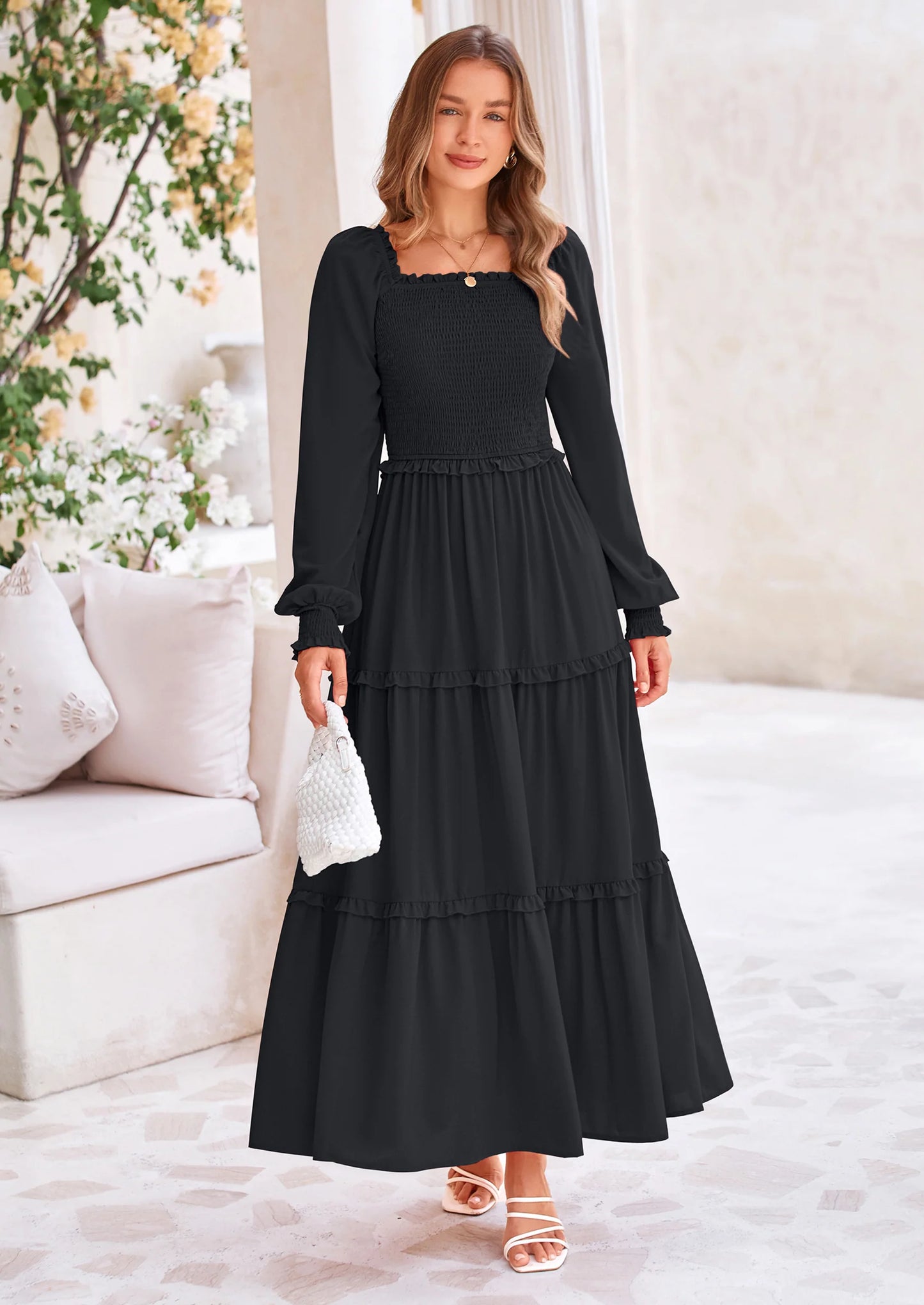 Fall Wedding Guest Dresses for Women Long Sleeve Square Neck Tiered A Line Modest Elegant Flowy Dresses