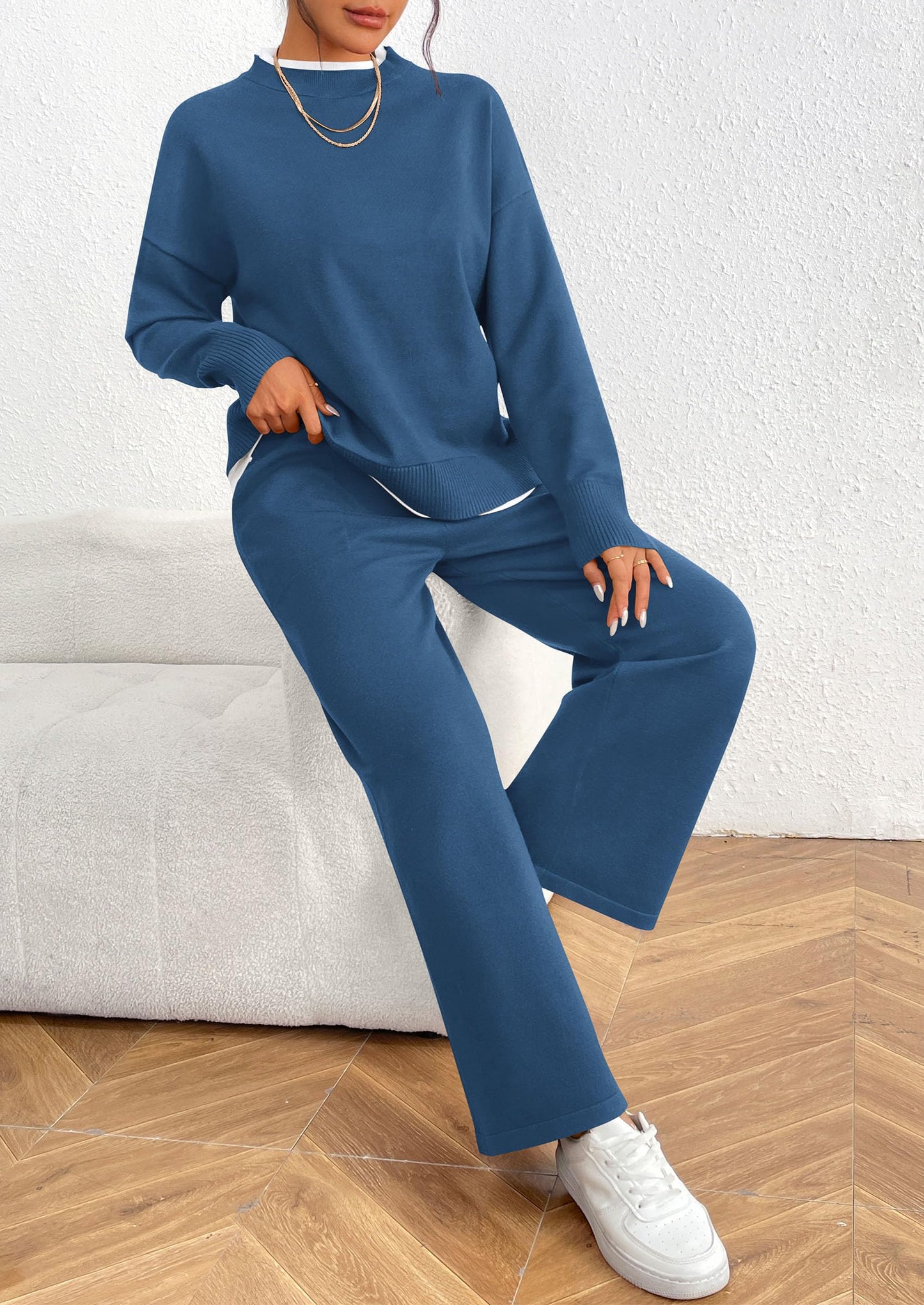 Two Piece Matching Sweater Lounge Sets Knit Long Sleeve Pullover Tops Wide Leg Pants