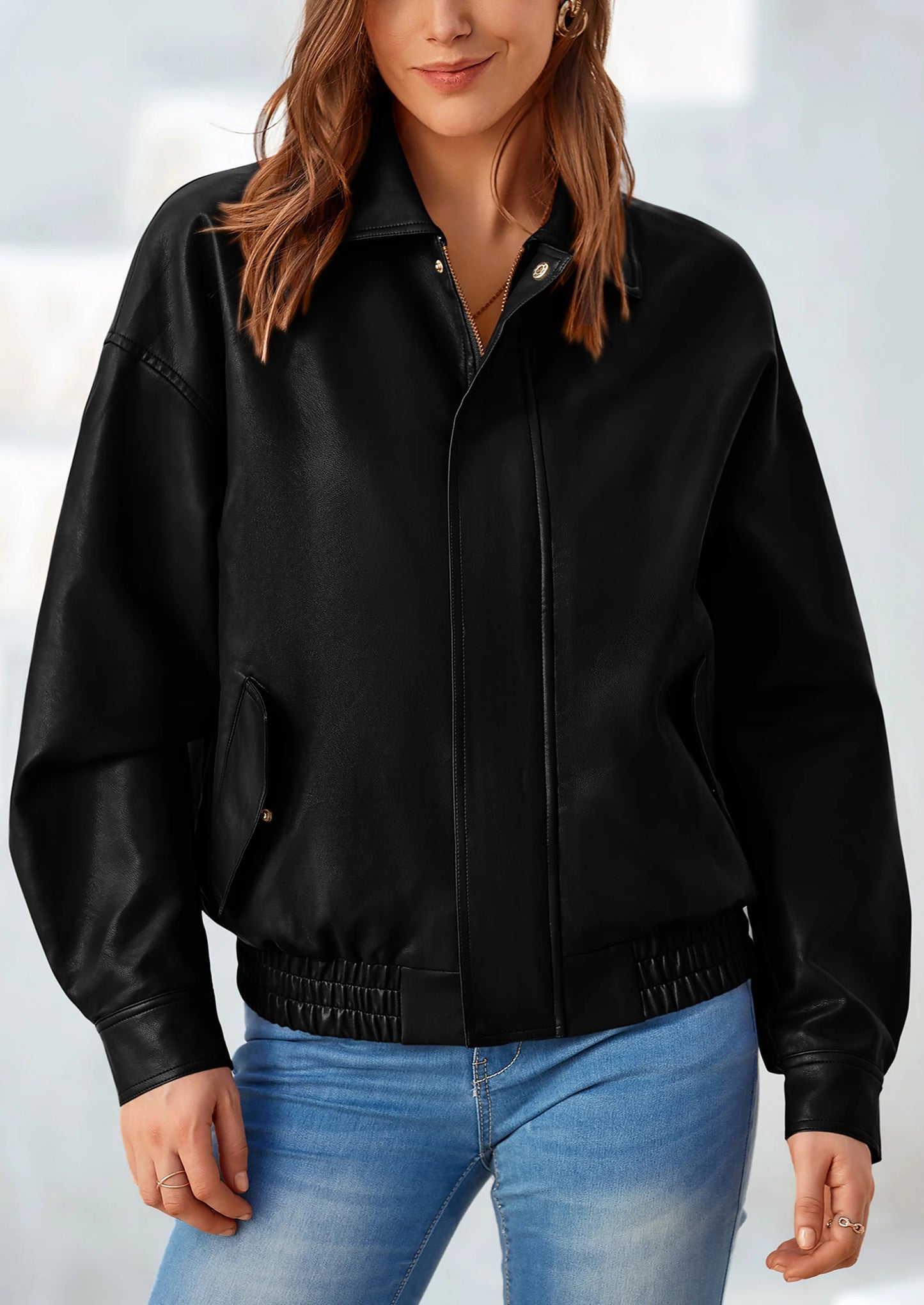 Women's Faux Leather Motorcycle Jacket Trendy Fall Spring Clothes Oversized Zip Up Winter Coat Outerwear