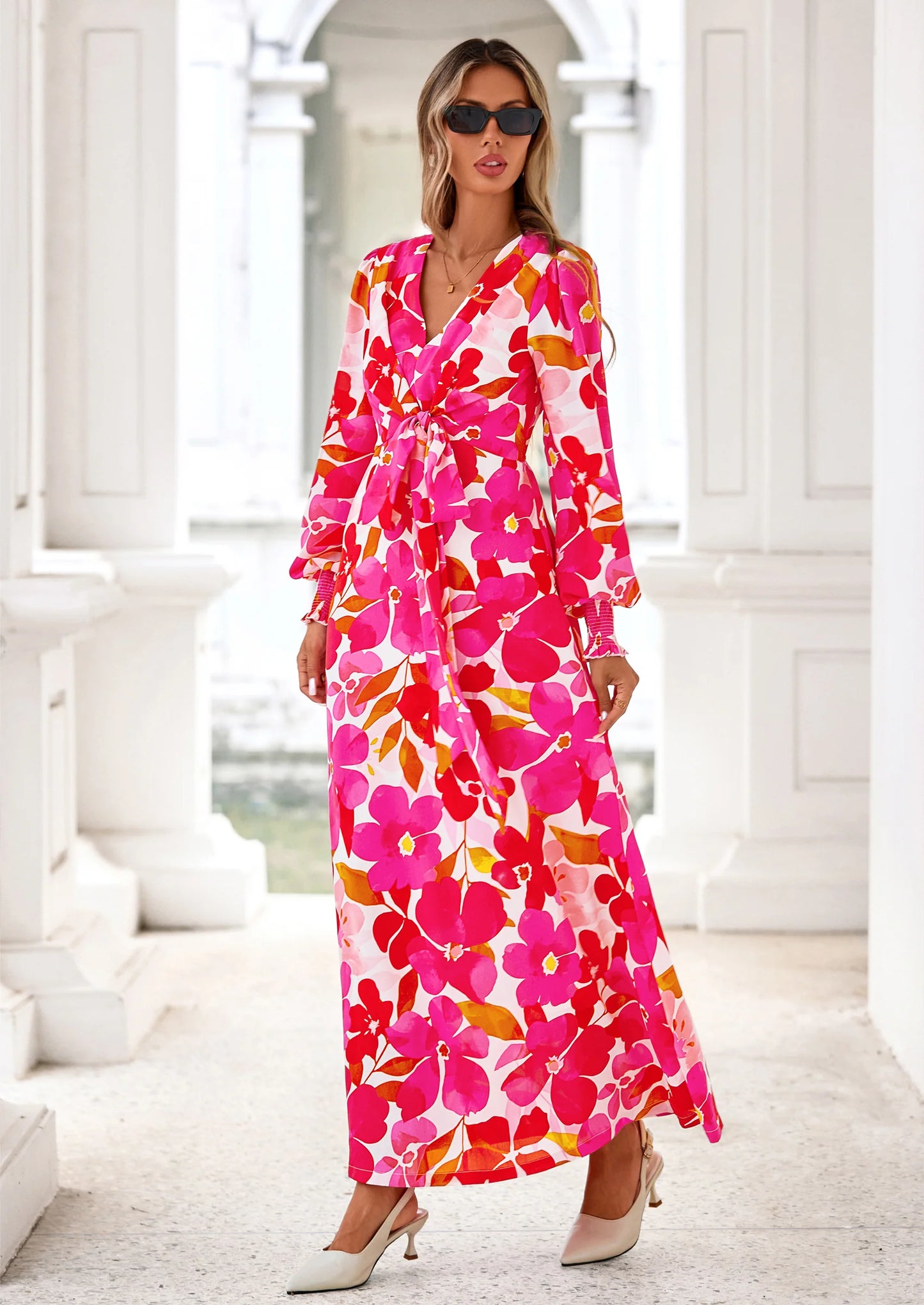 Women's Fall Boho Maxi Dress Floral Long Sleeve V Neck Flowy Belted Elegant Holiday Party Dresses