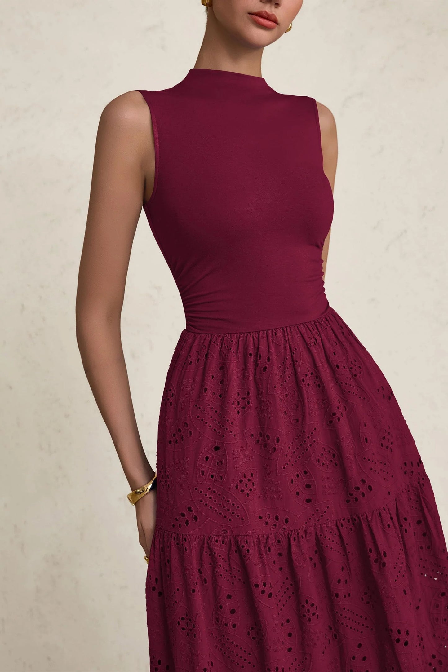 Dresses for Women Casual Eyelet Sleeveless Wedding Guest Maxi Dress Tank Top Sundress with Pockets