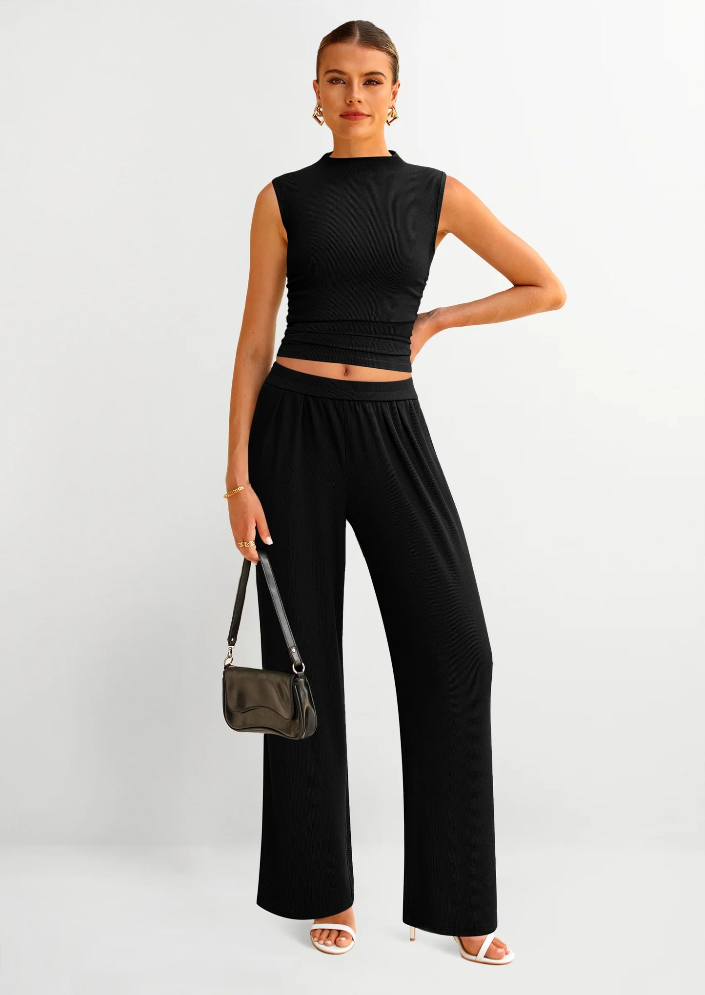 2 Piece Sets for Women Summer Airport Travel Outfits Crop Tank Tops Wide Leg Pants Matching Lounge Sets