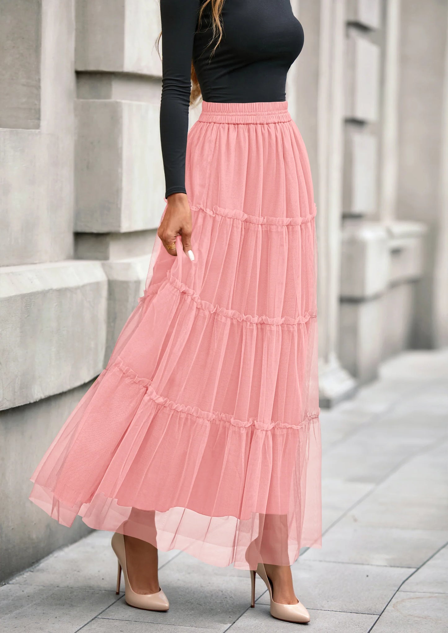 Maxi Skirts for Women Fall Tulle High Waisted Ruffle Flowy A-Line Long Skirt Country Concert Outfits