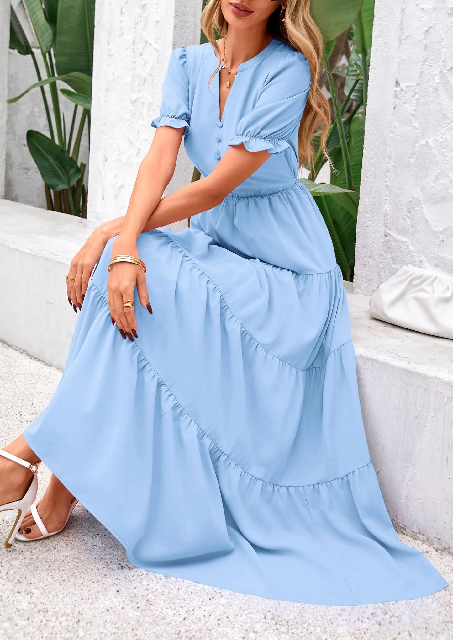 Women's Casual Short Sleeve V Neck Midi Dresses Spring A-line Tiered Wedding Guest Dress