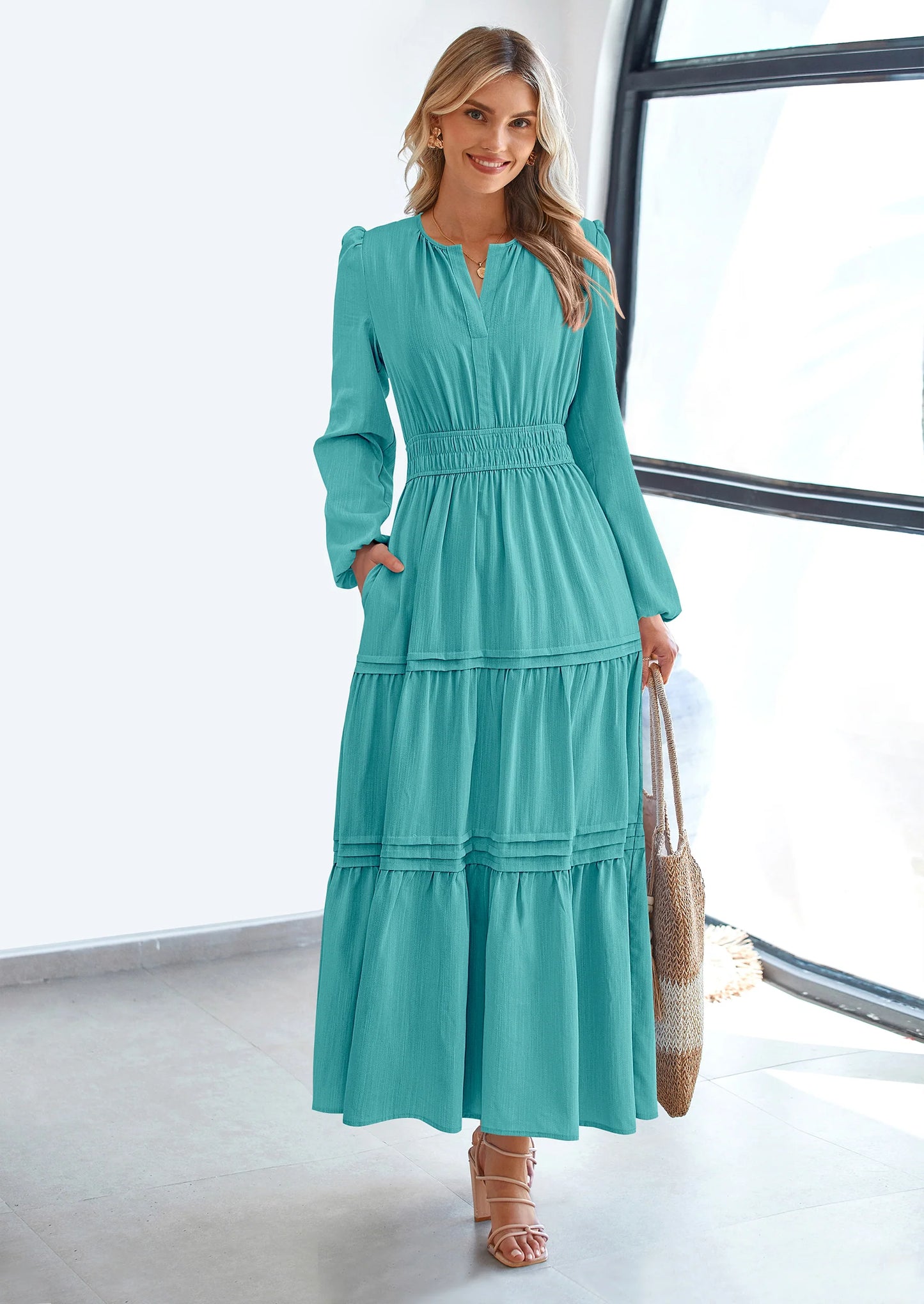 Women's Elegant Maxi Dresses Long Sleeve V Neck Flowy Pockets Casual Modest Dress Fall Fashion Clothes
