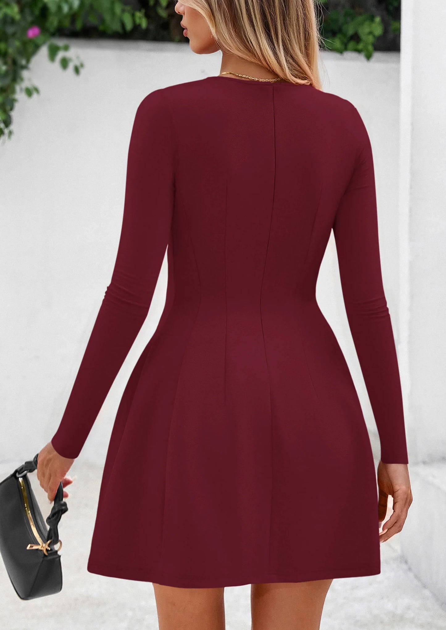 Long Sleeve Mini Dress for Women Fall Crewneck Knit Pleated Babydoll A Line Soft Casual Short Party Dresses